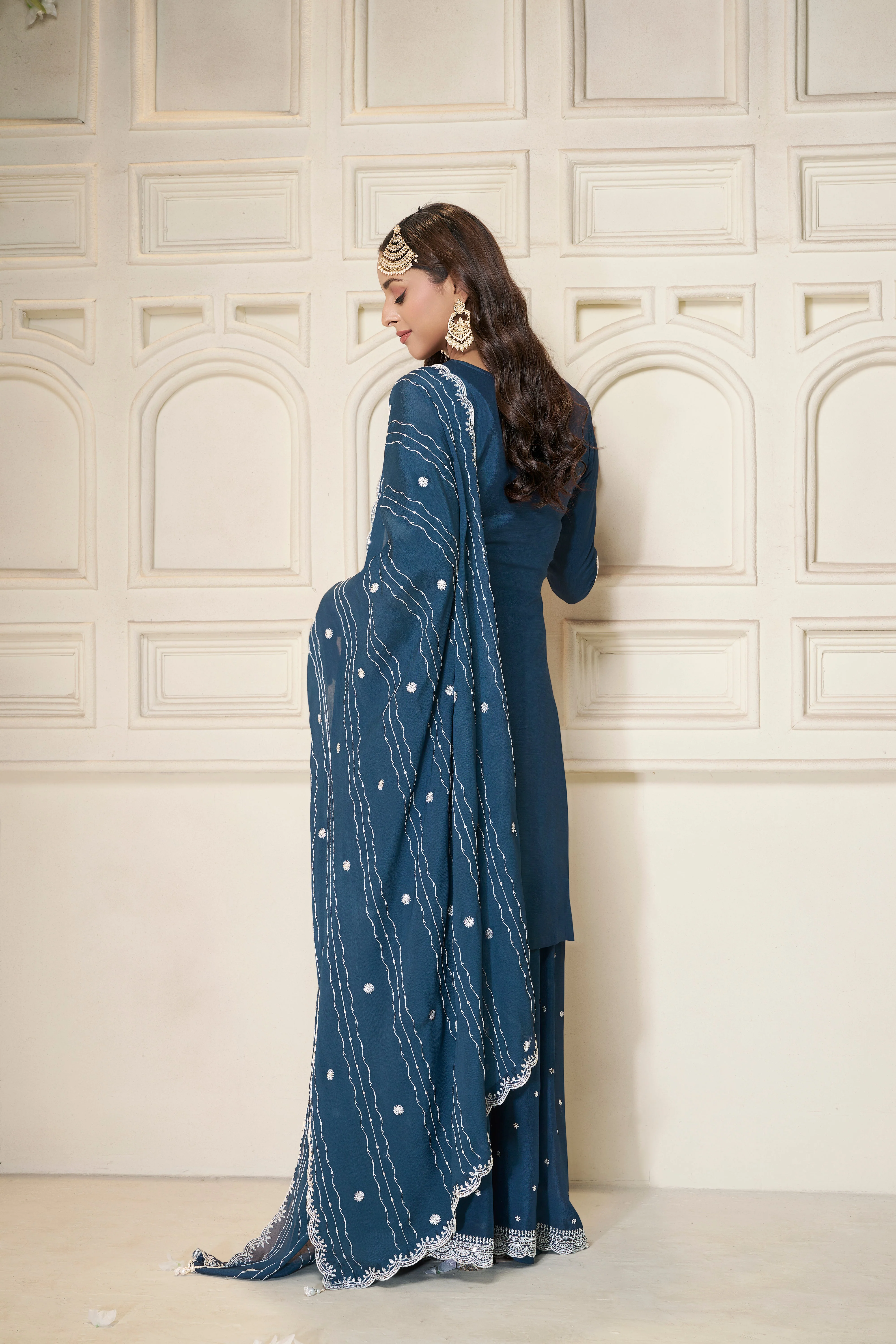 Shimmer Blue Chinon Silk Kurta & Palazzo Set - Image 5