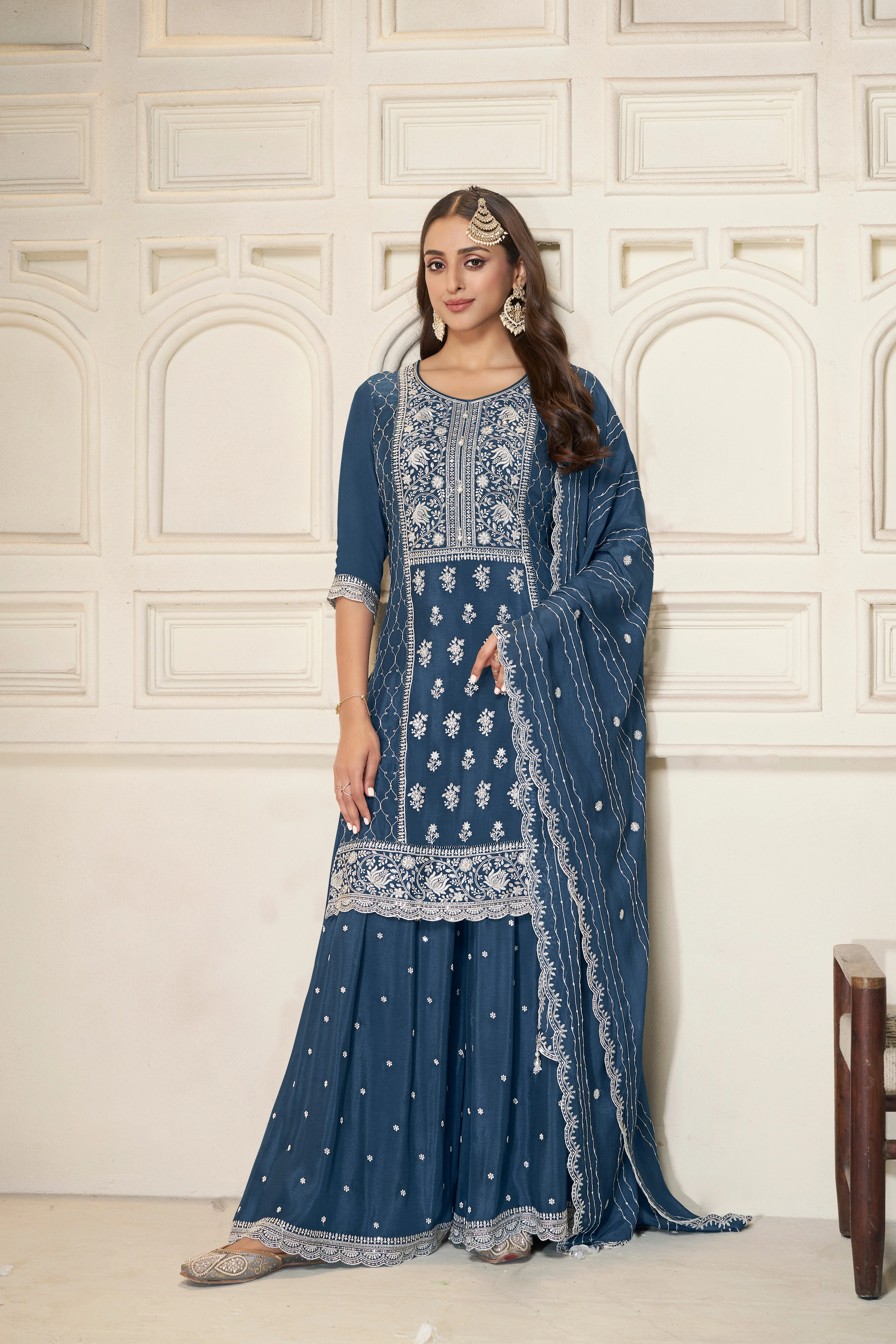 Shimmer Blue Chinon Silk Kurta & Palazzo Set - Image 6