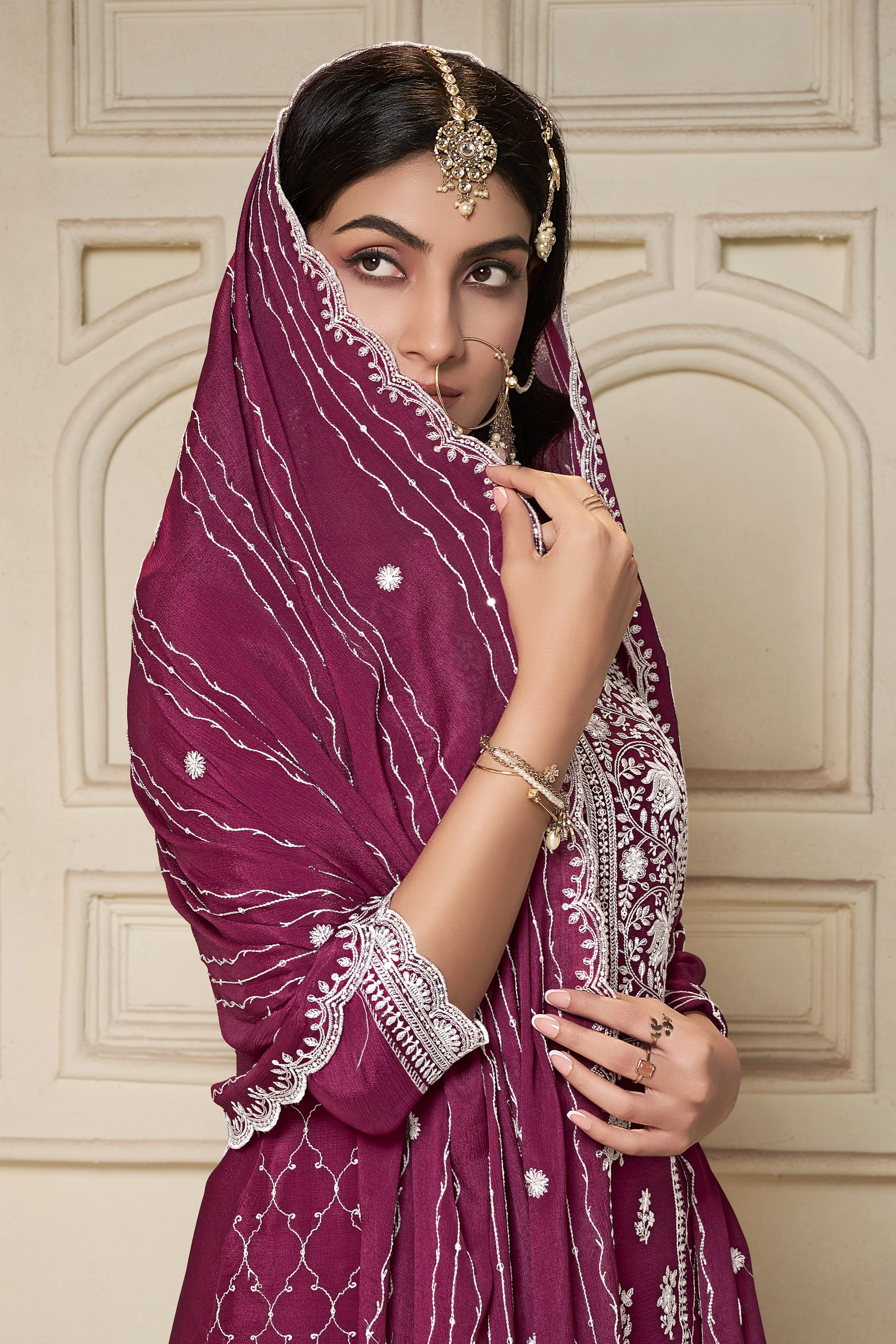 Shimmer Wine Chinon Silk Kurta & Palazzo Set - Image 2