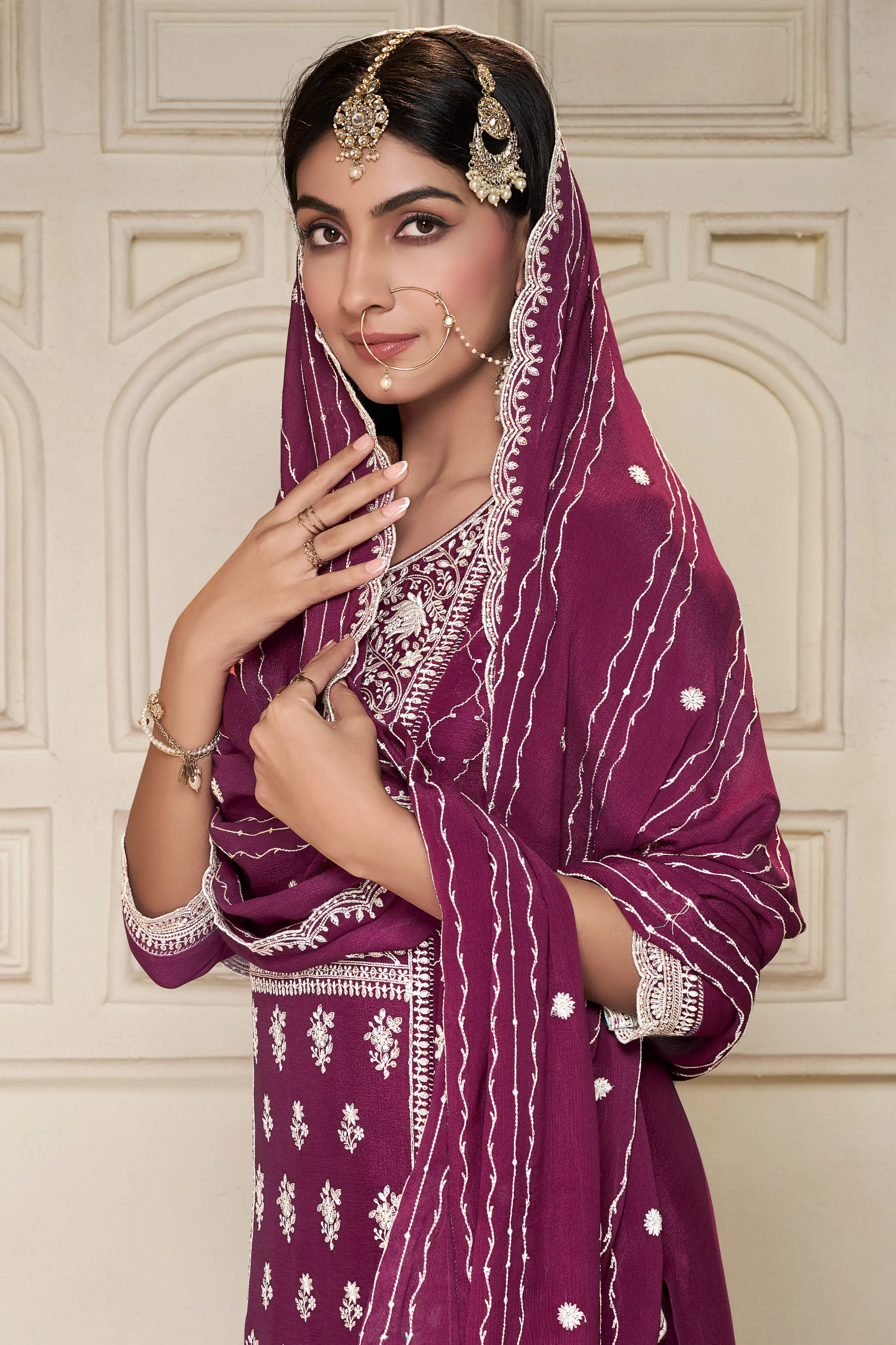 Shimmer Wine Chinon Silk Kurta & Palazzo Set - Image 3