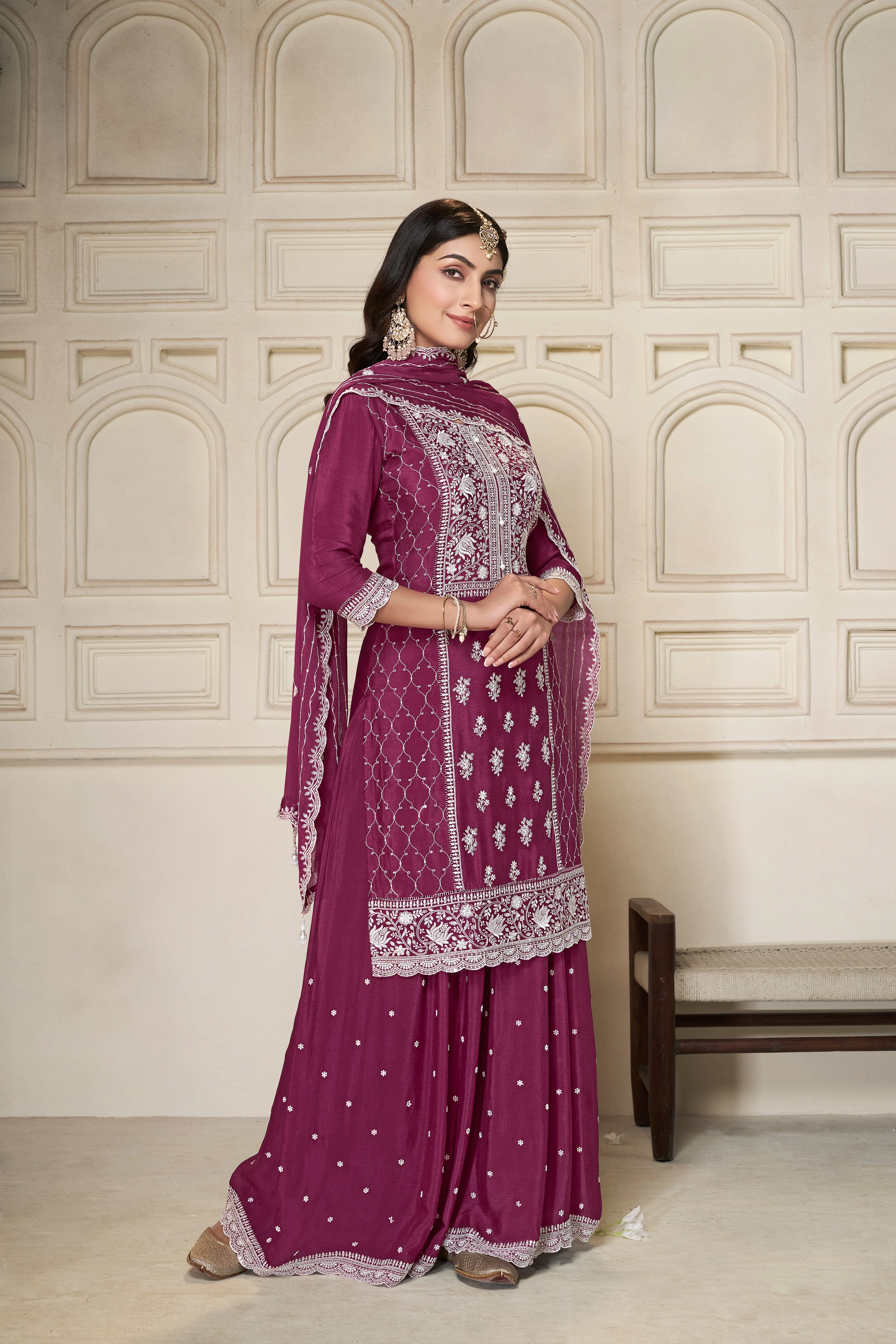 Shimmer Wine Chinon Silk Kurta & Palazzo Set - Image 4