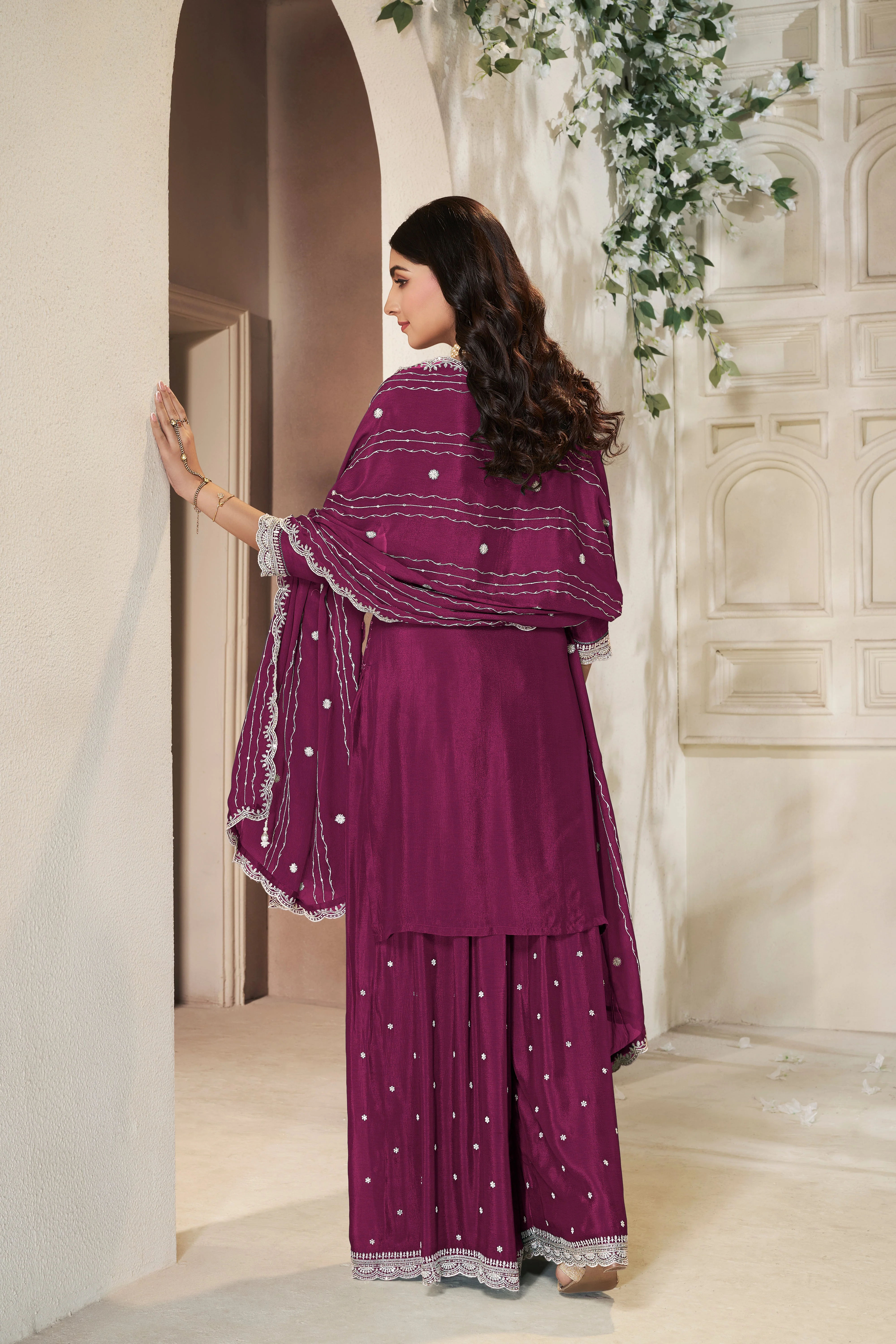 Shimmer Wine Chinon Silk Kurta & Palazzo Set - Image 5