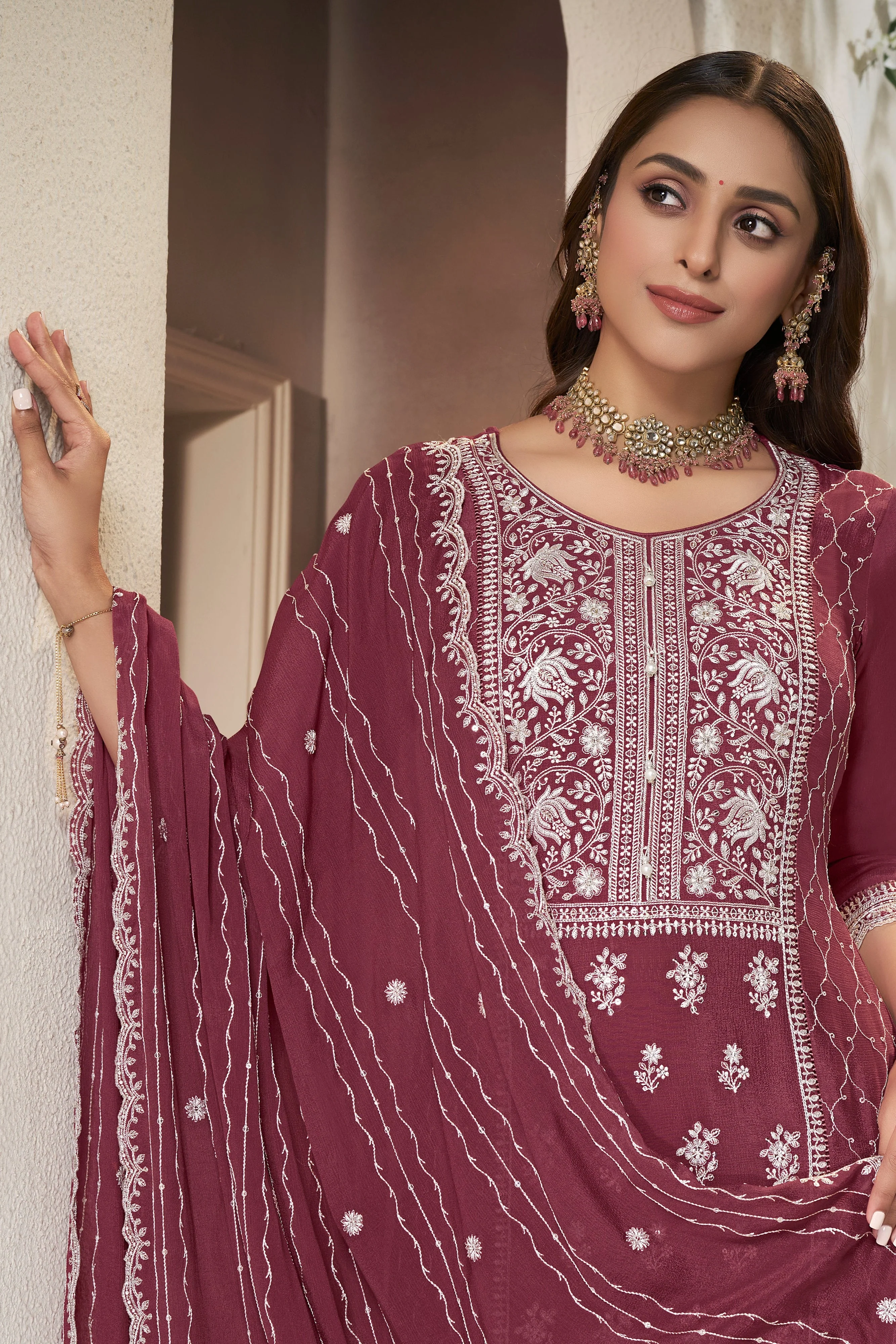Shimmer Maroon Chinon Silk Kurta & Palazzo Set - Image 2