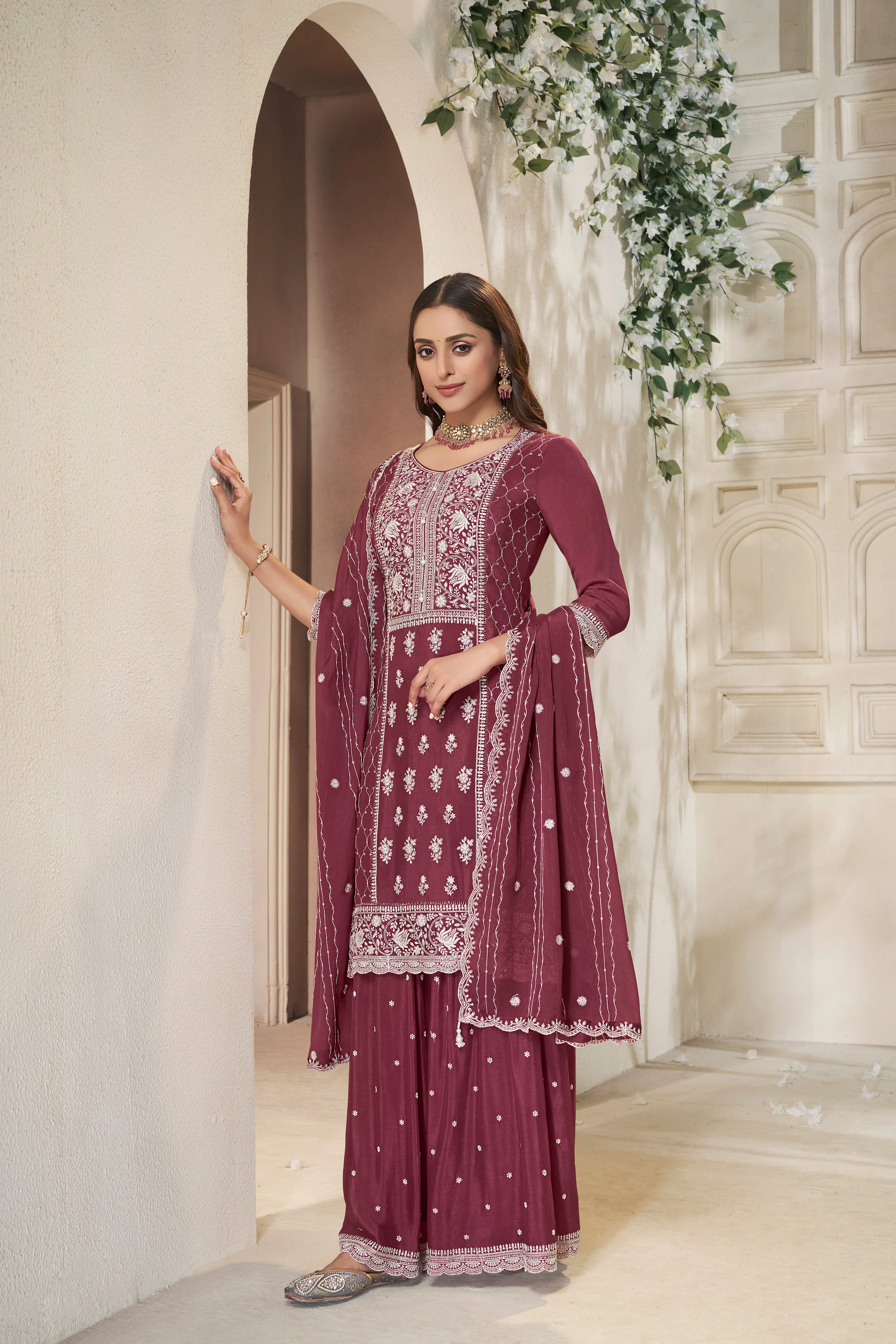 Shimmer Maroon Chinon Silk Kurta & Palazzo Set - Image 3