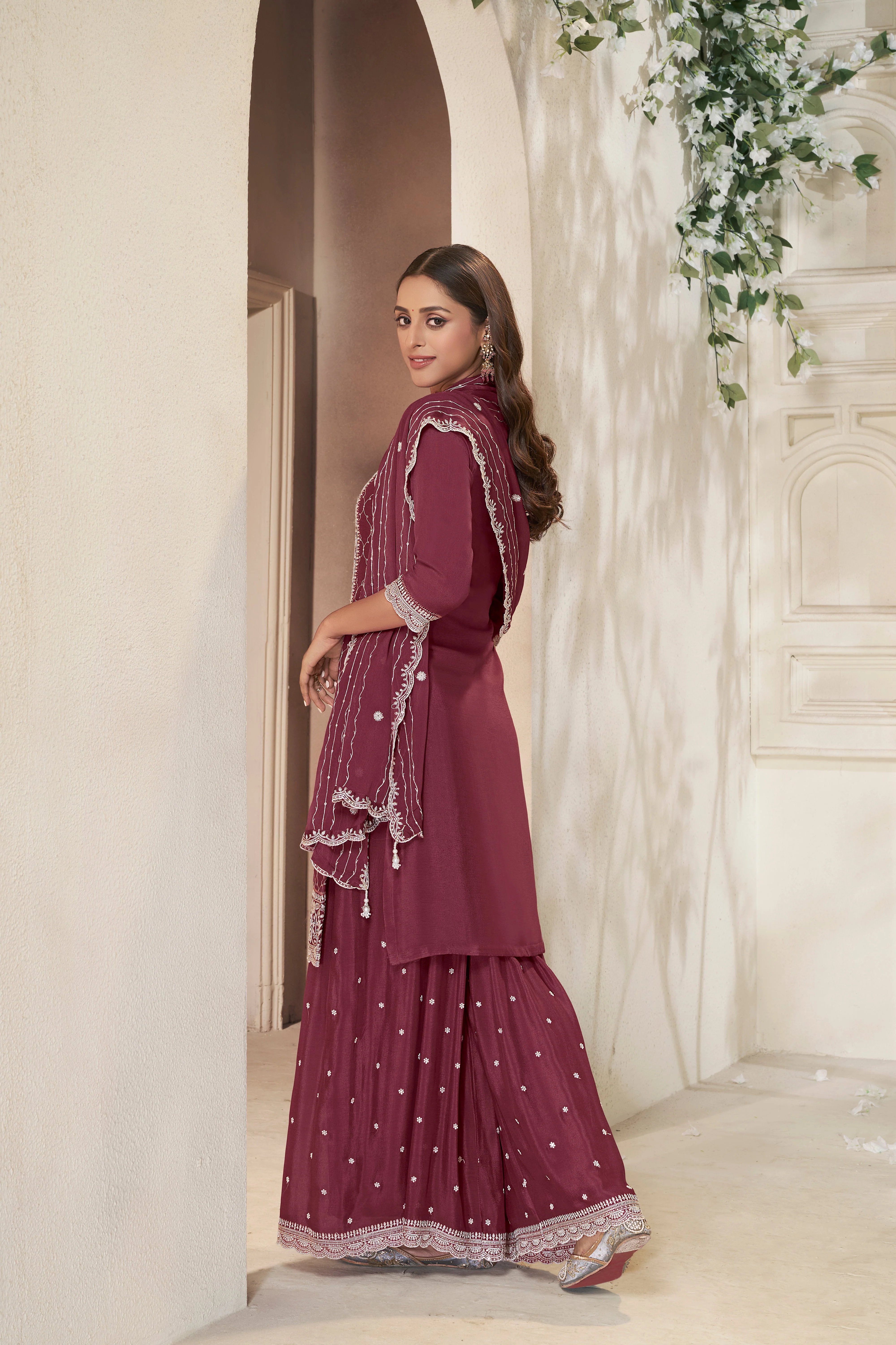 Shimmer Maroon Chinon Silk Kurta & Palazzo Set - Image 4