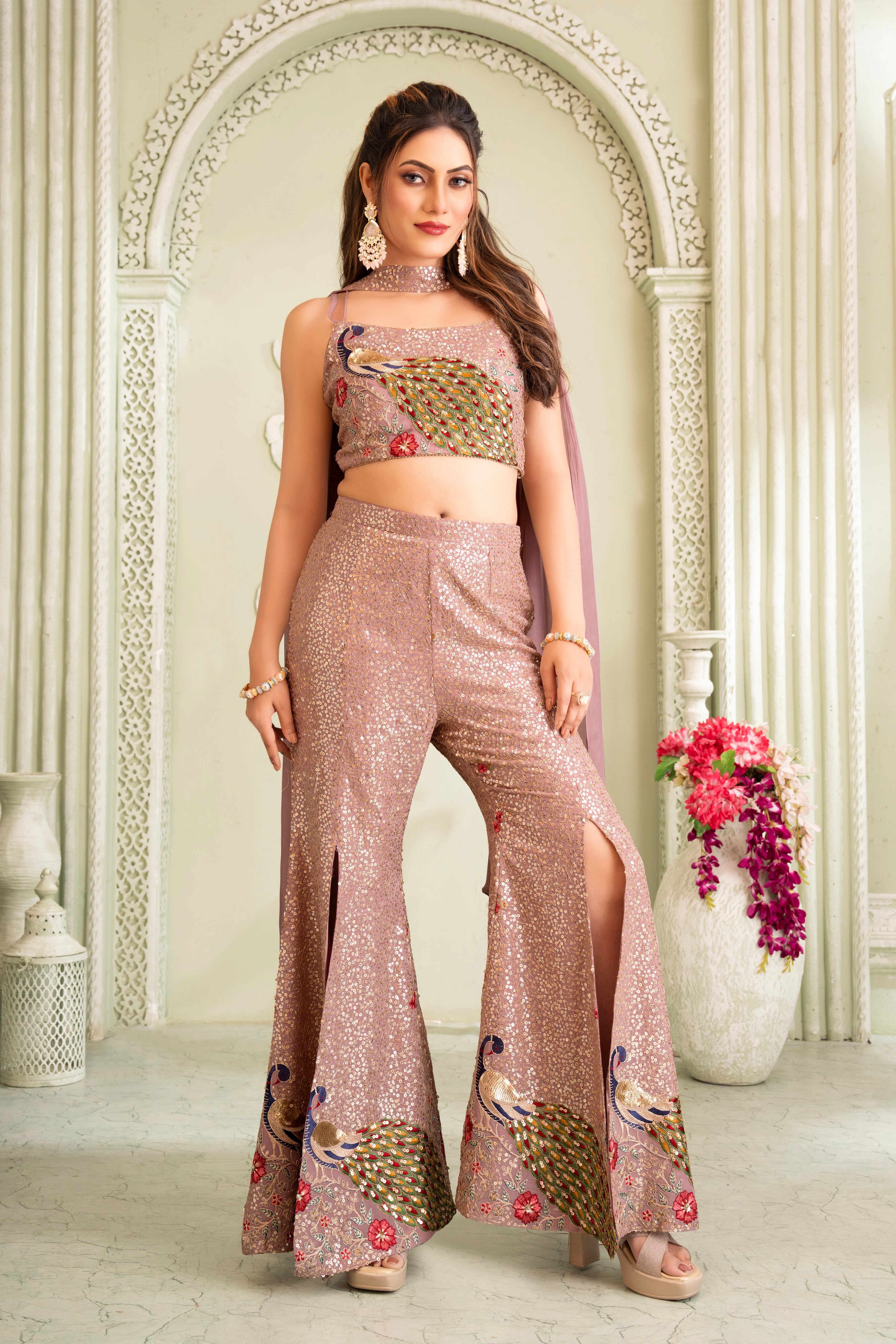 Shimmer Pink Crop Top & Palazzo Set
