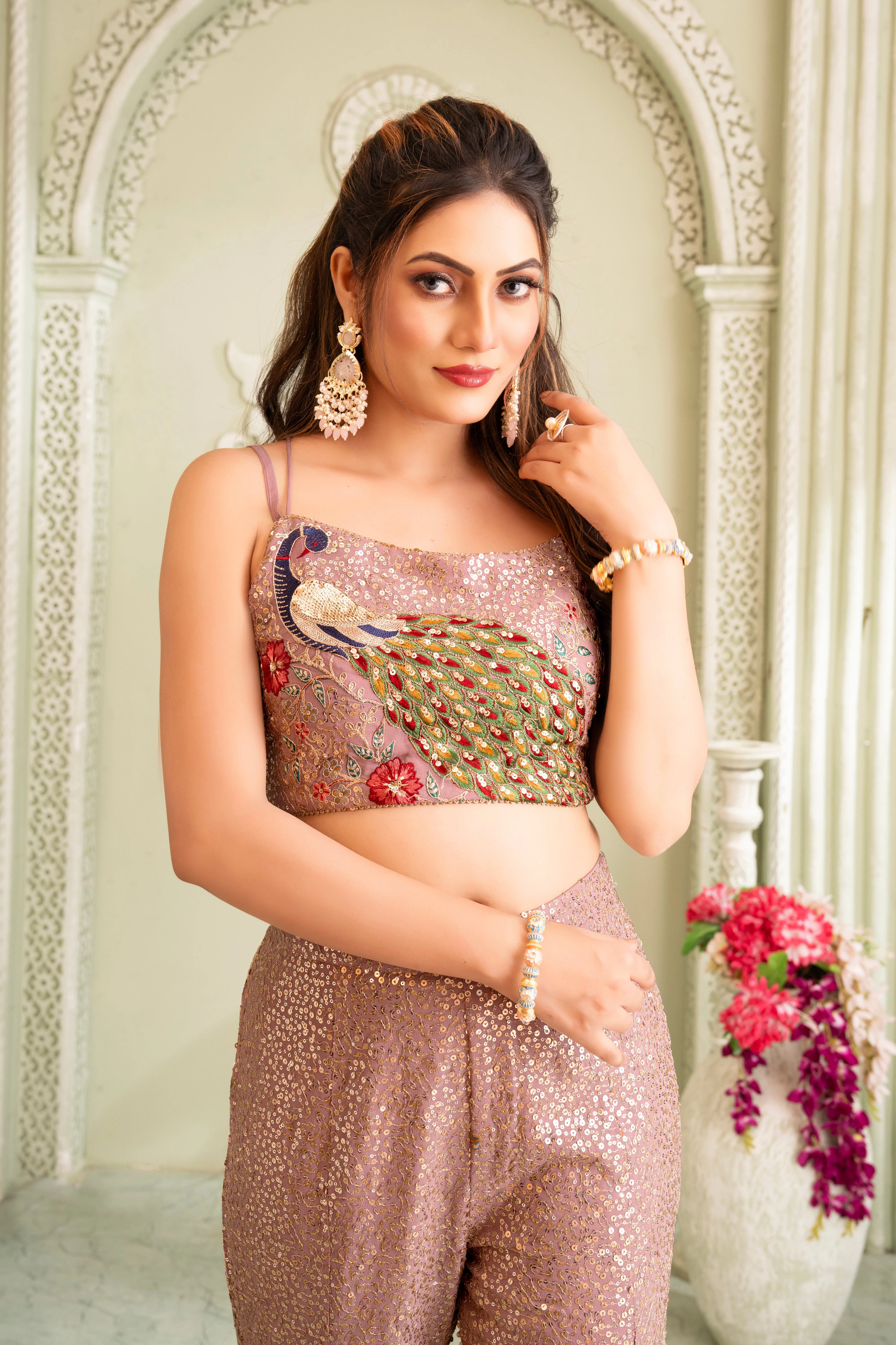 Shimmer Pink Crop Top & Palazzo Set - Image 3
