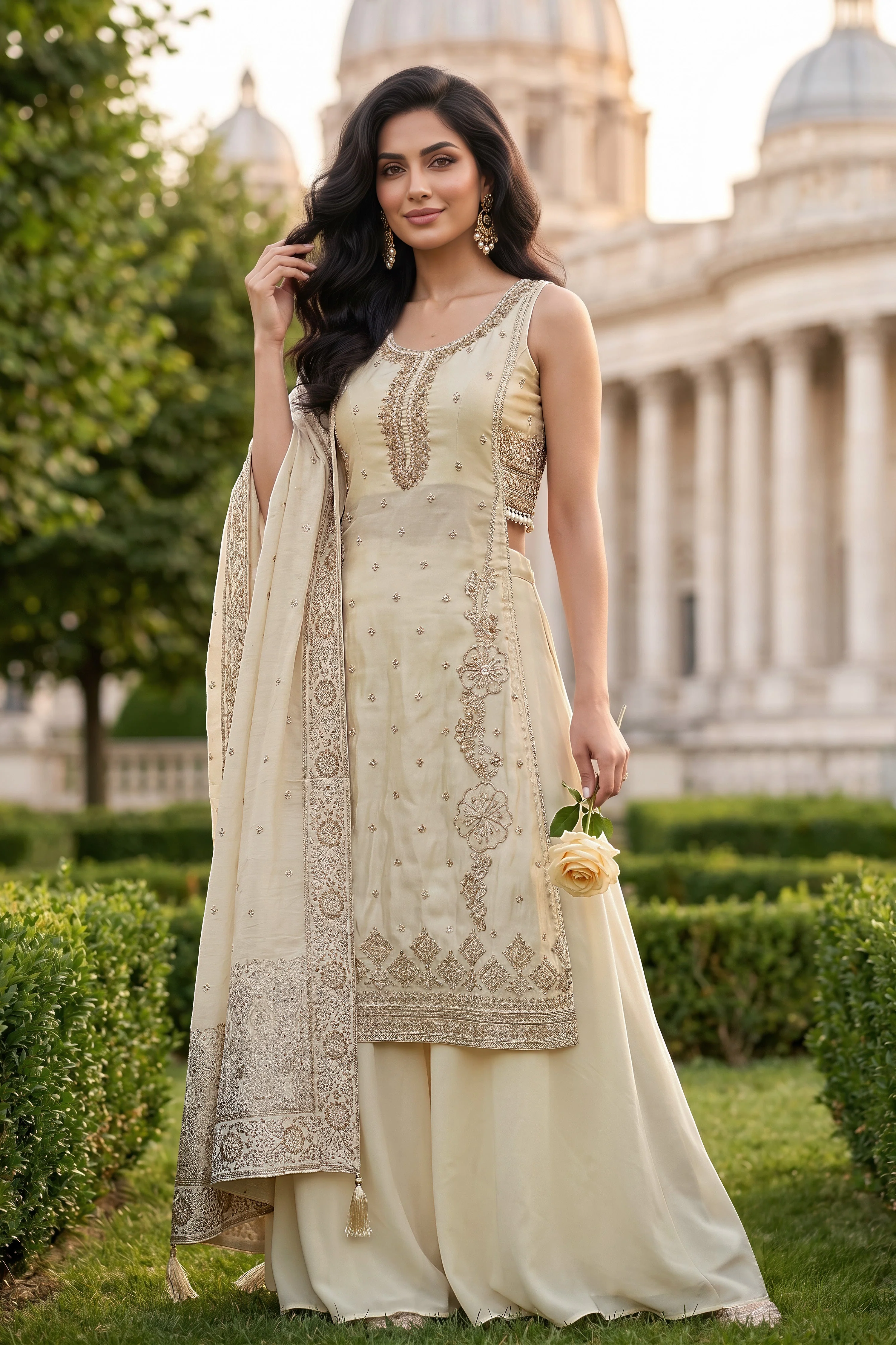 Shiny Cream Embellished Shimmer Organza Silk Palazzo Set