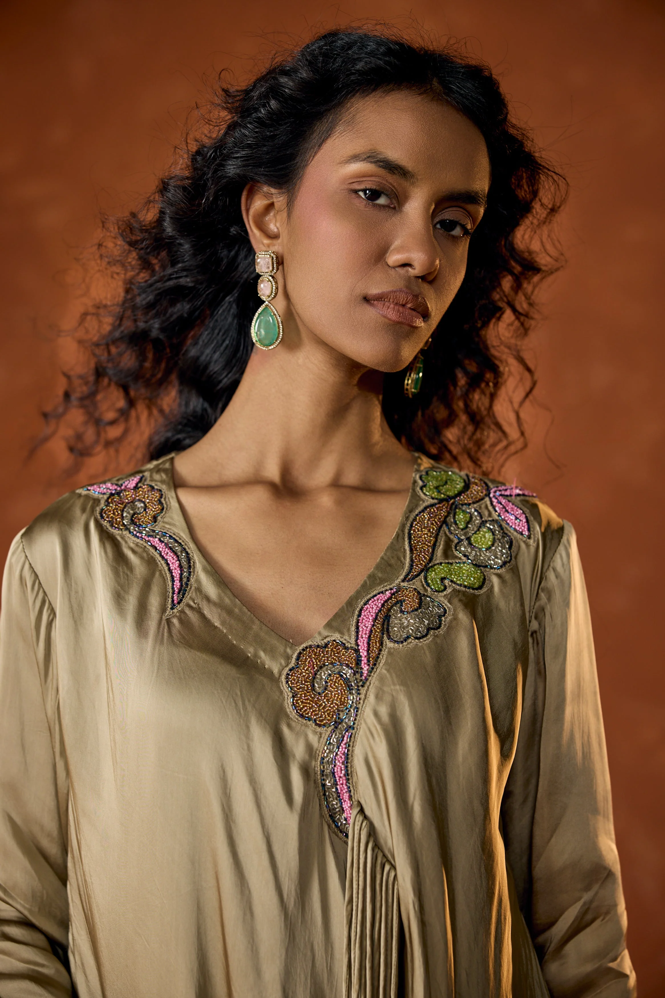 Champagne Beige Embellished Satin Silk Dress - Image 2