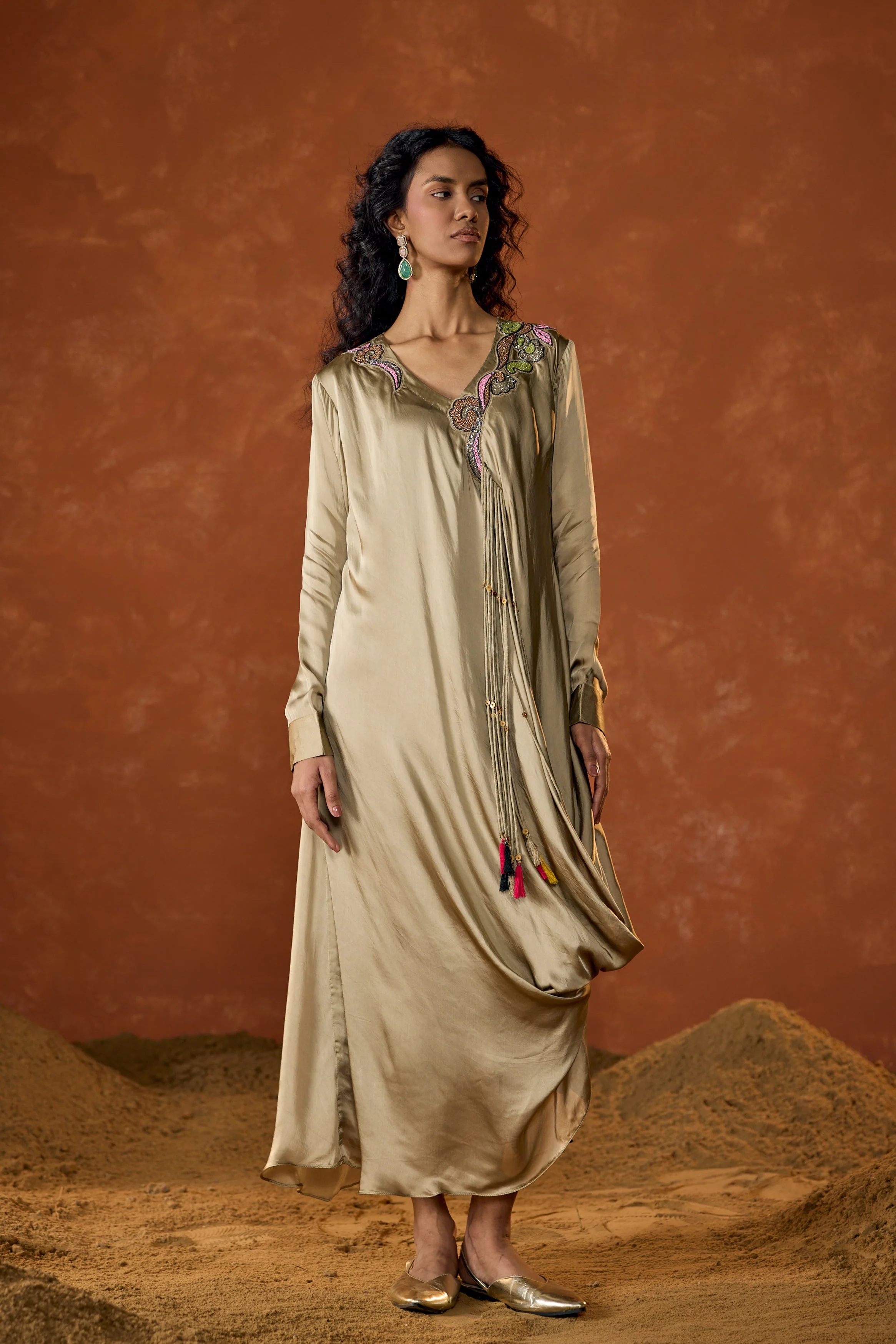Champagne Beige Embellished Satin Silk Dress - Image 5