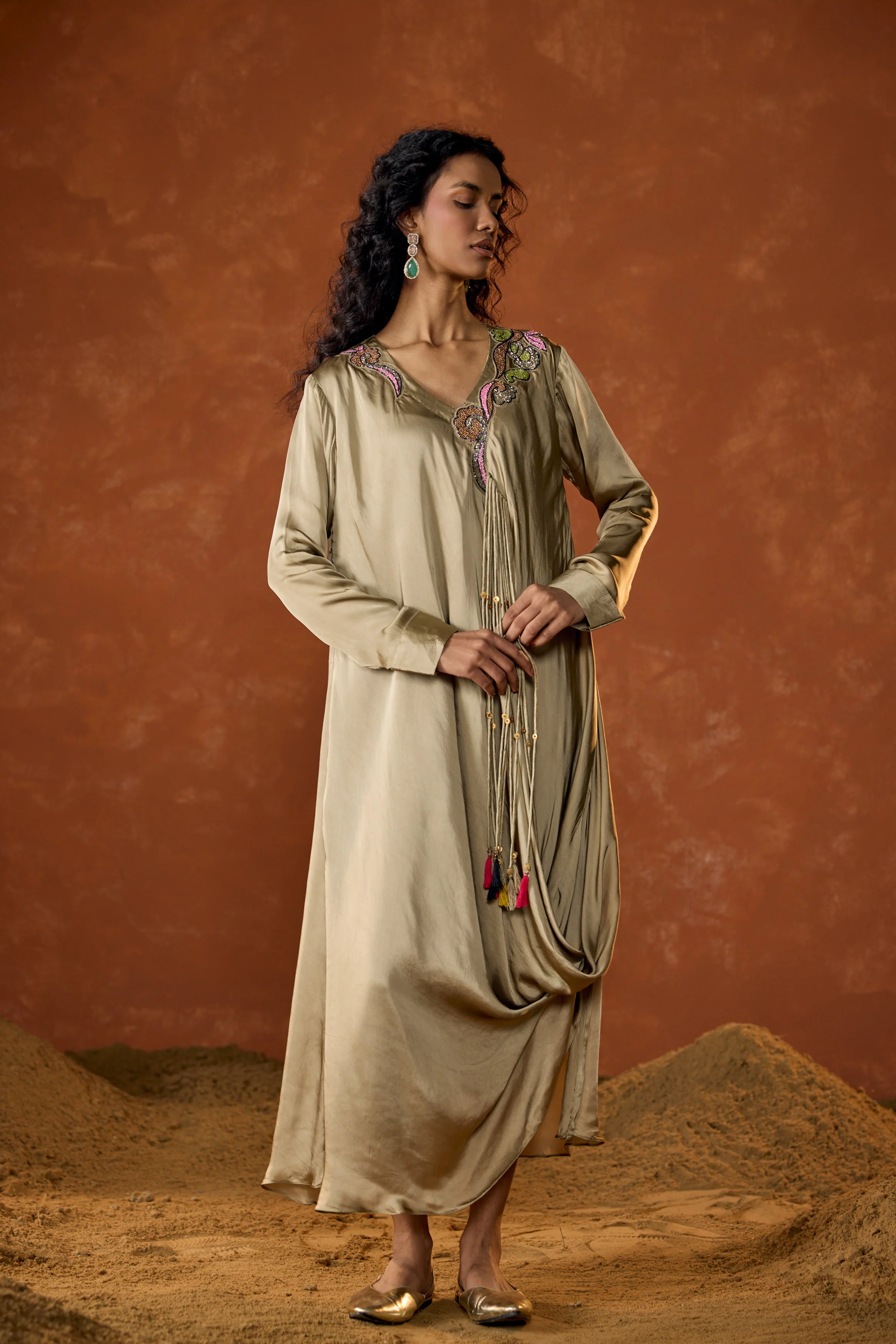 Champagne Beige Embellished Satin Silk Dress - Image 6