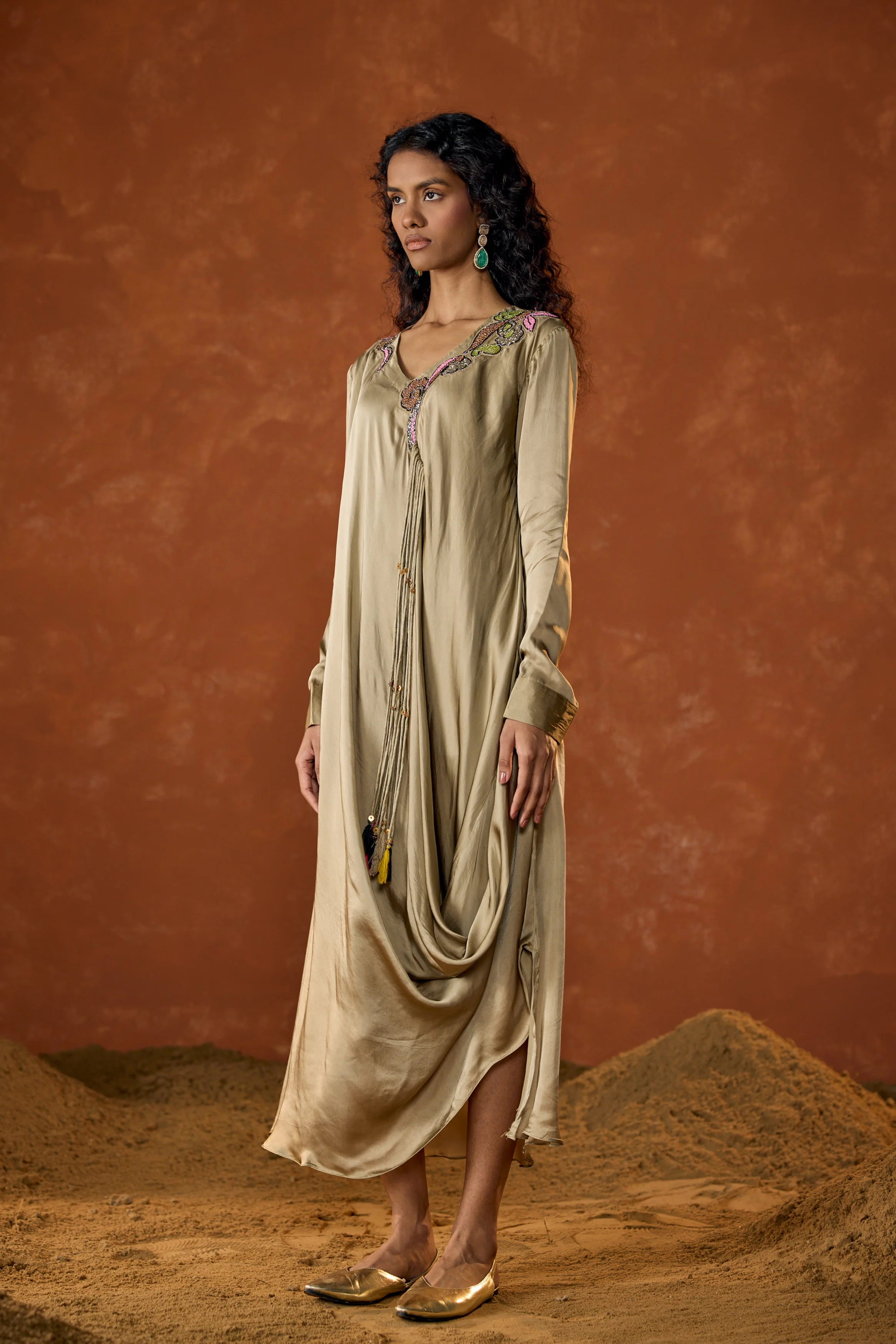 Champagne Beige Embellished Satin Silk Dress - Image 7
