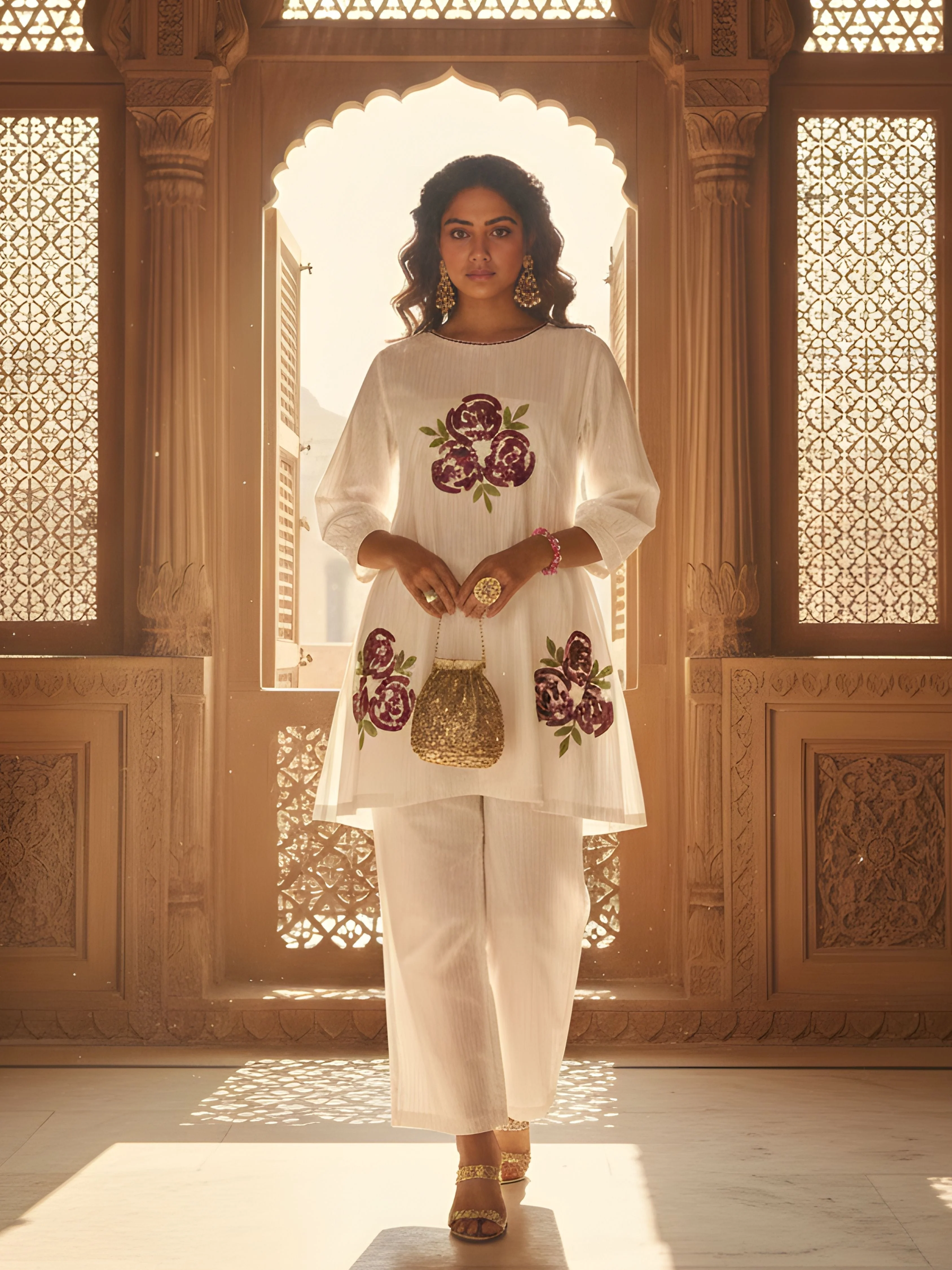 White Floral Embroidered Cotton Co-Ord Set
