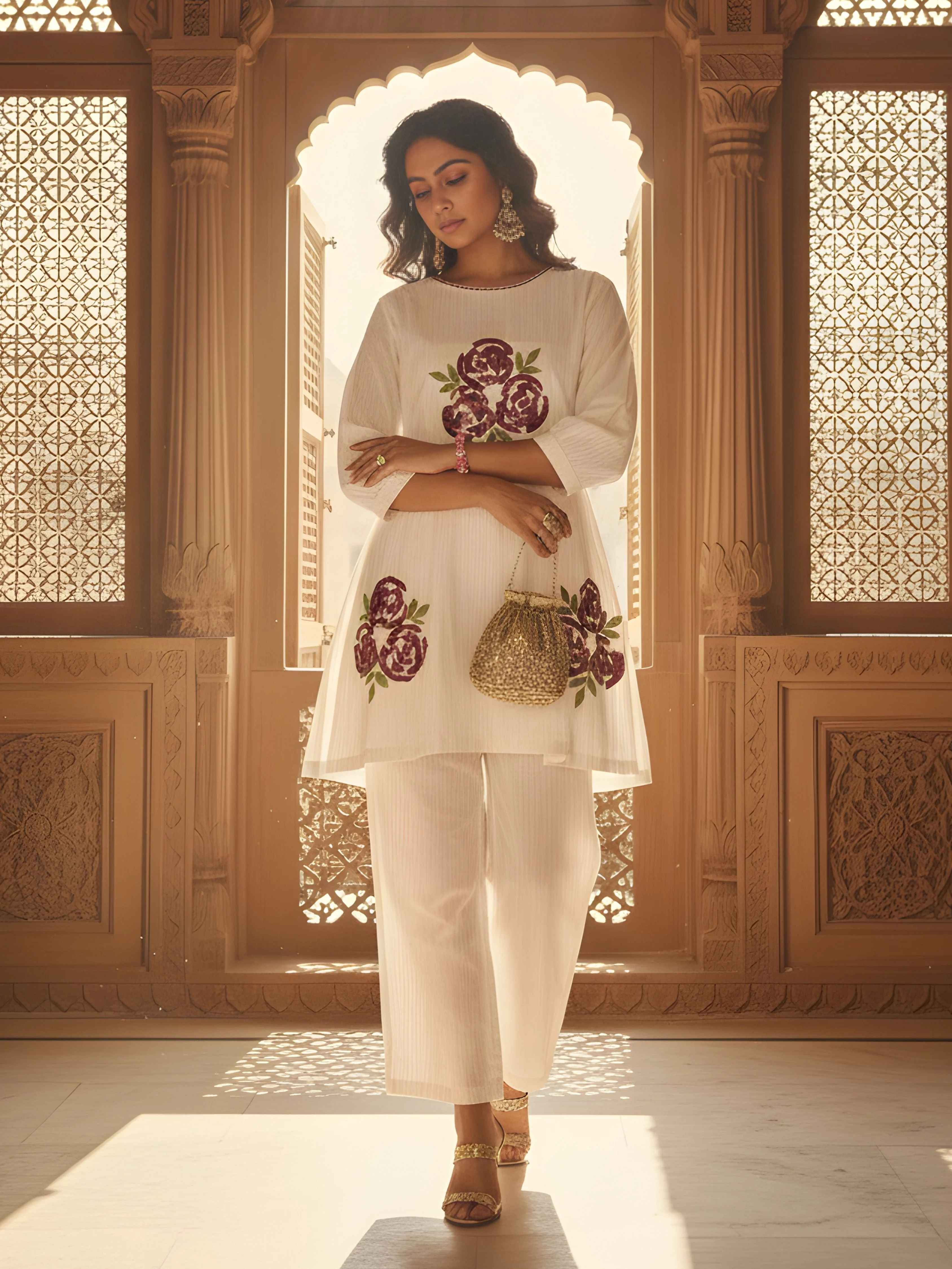 White Floral Embroidered Cotton Co-Ord Set - Image 3