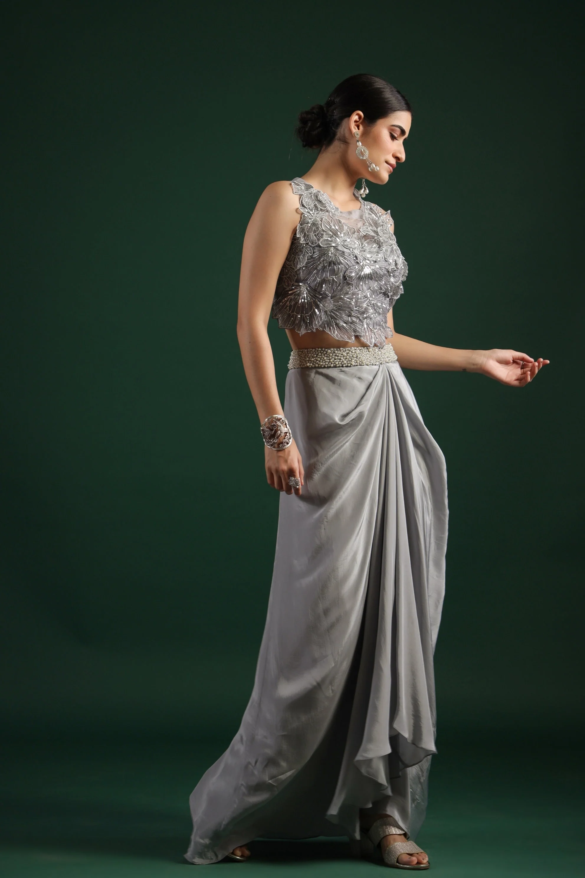 Silver Floral Embroidered Crepe Silk Skirt Set - Image 3