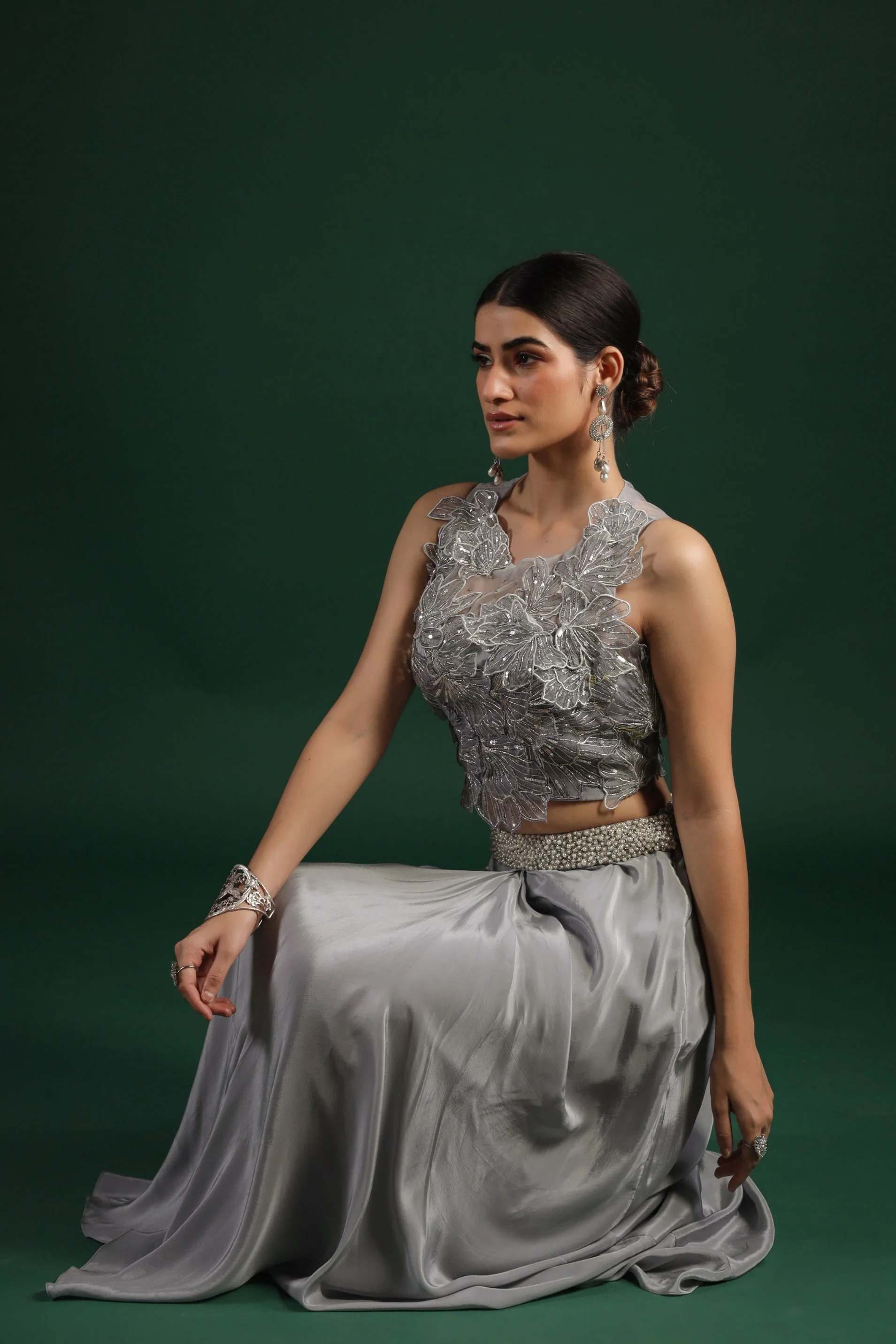 Silver Floral Embroidered Crepe Silk Skirt Set - Image 4