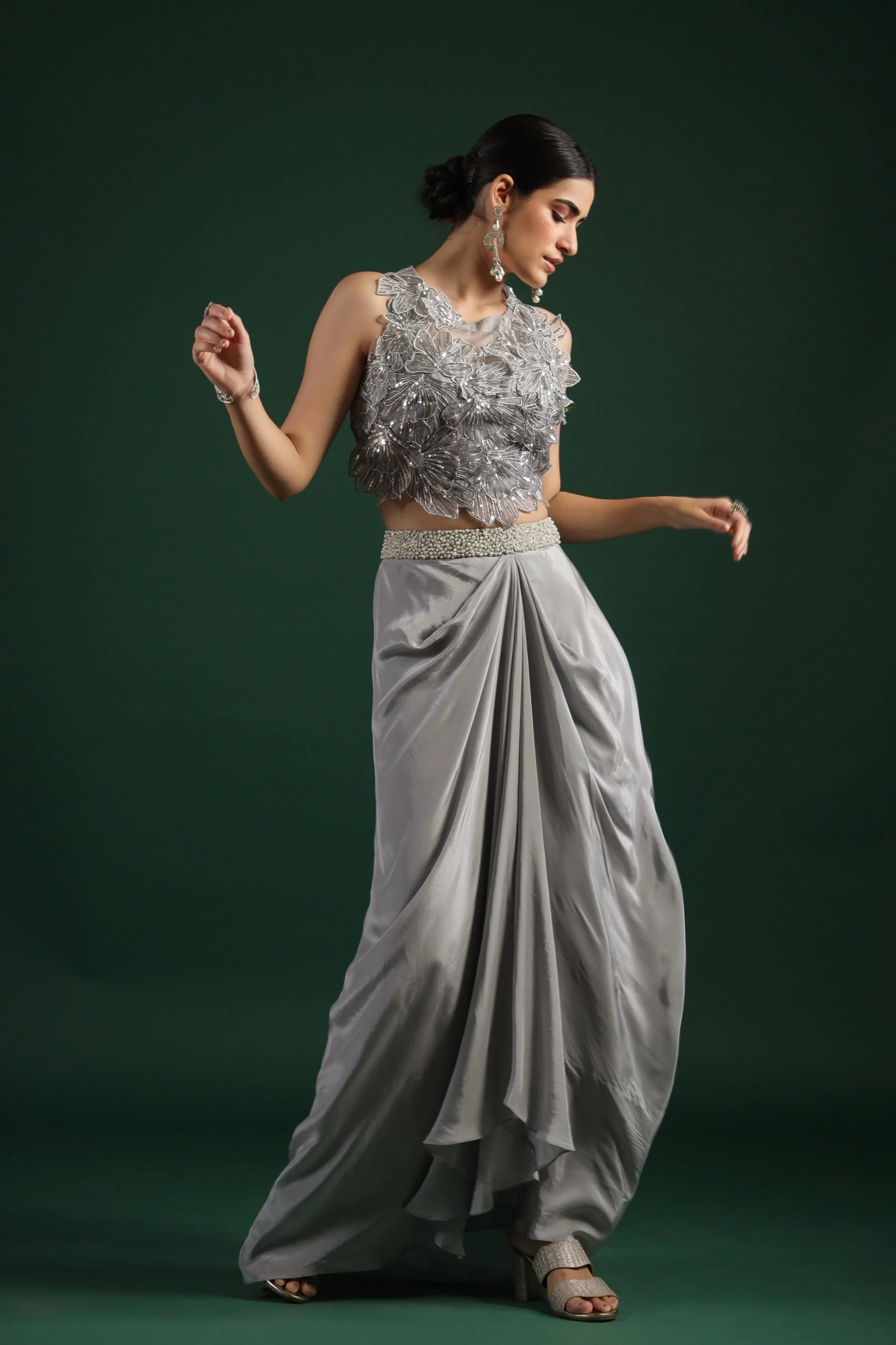 Silver Floral Embroidered Crepe Silk Skirt Set - Image 5