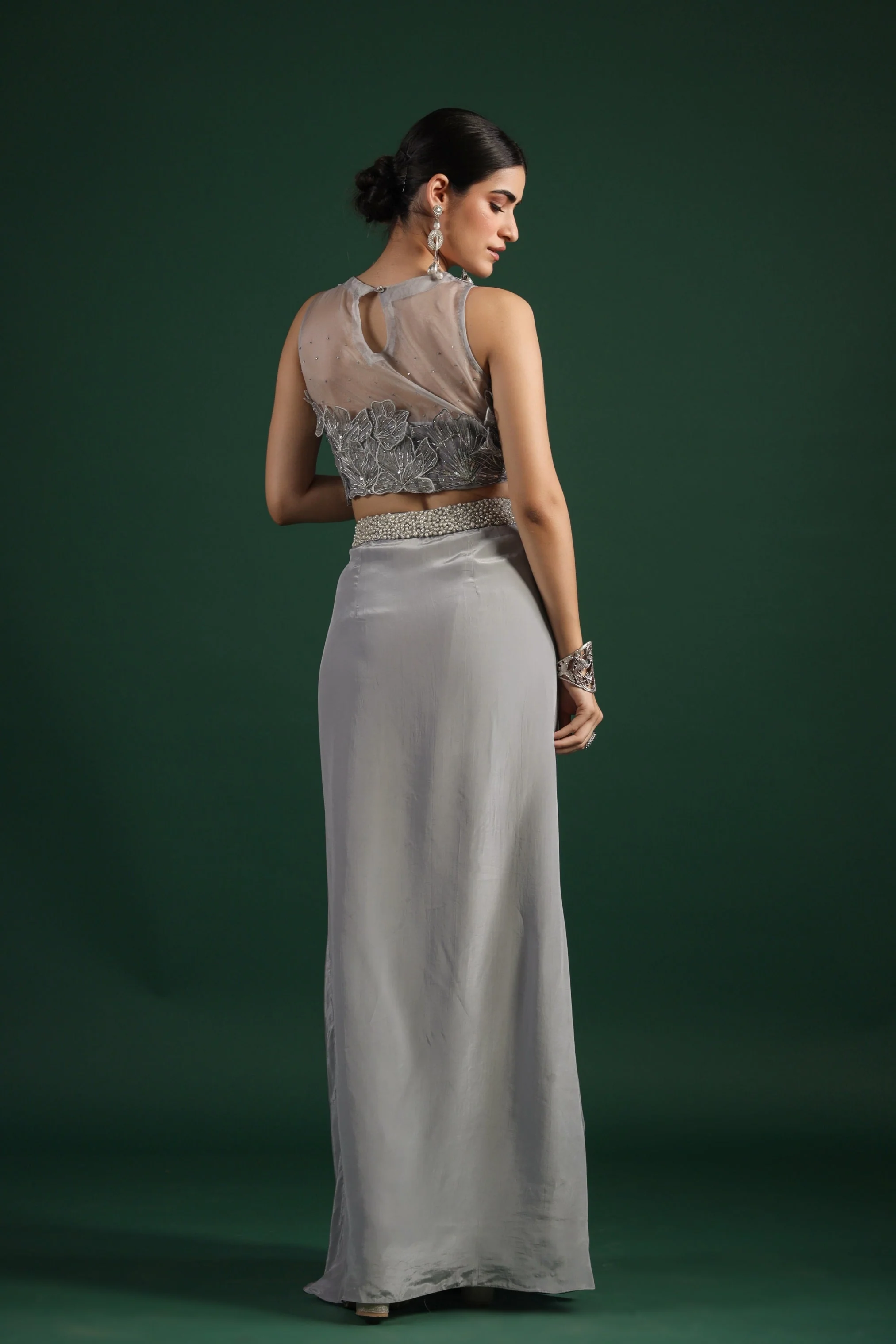 Silver Floral Embroidered Crepe Silk Skirt Set - Image 6