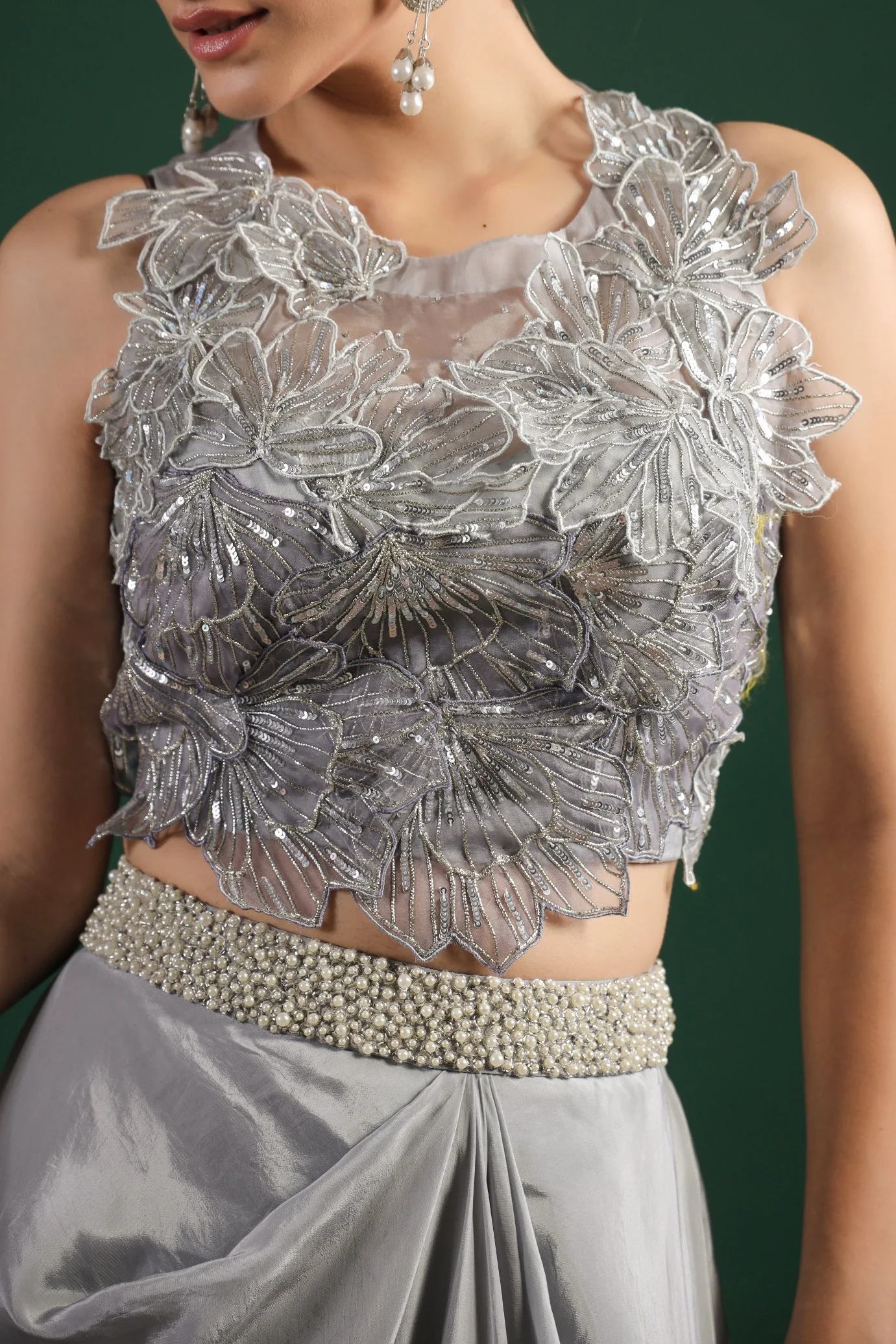Silver Floral Embroidered Crepe Silk Skirt Set - Image 7