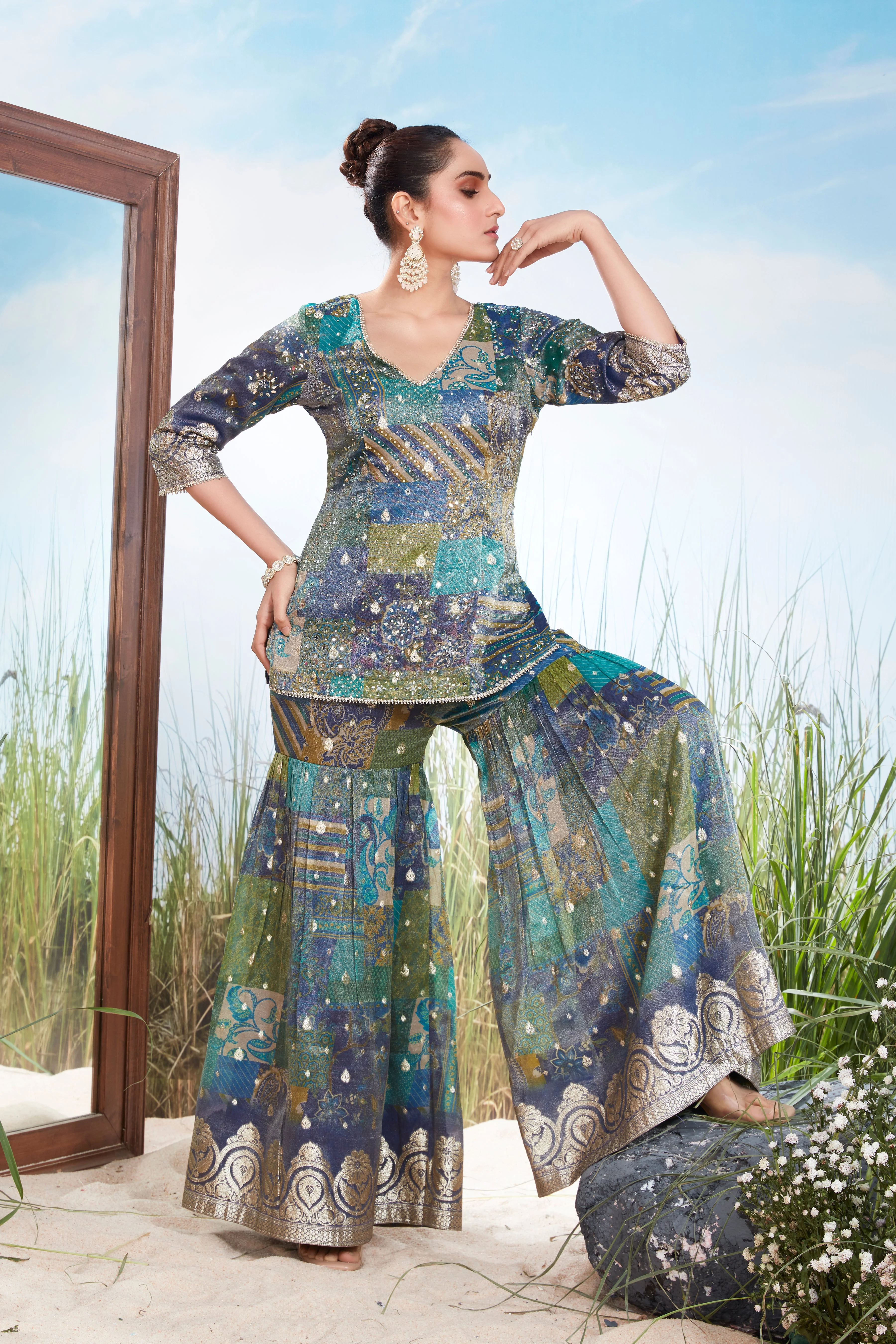 Peacock Blue  Embellished Shimmer Tissue Silk Sharara Set - Image 2