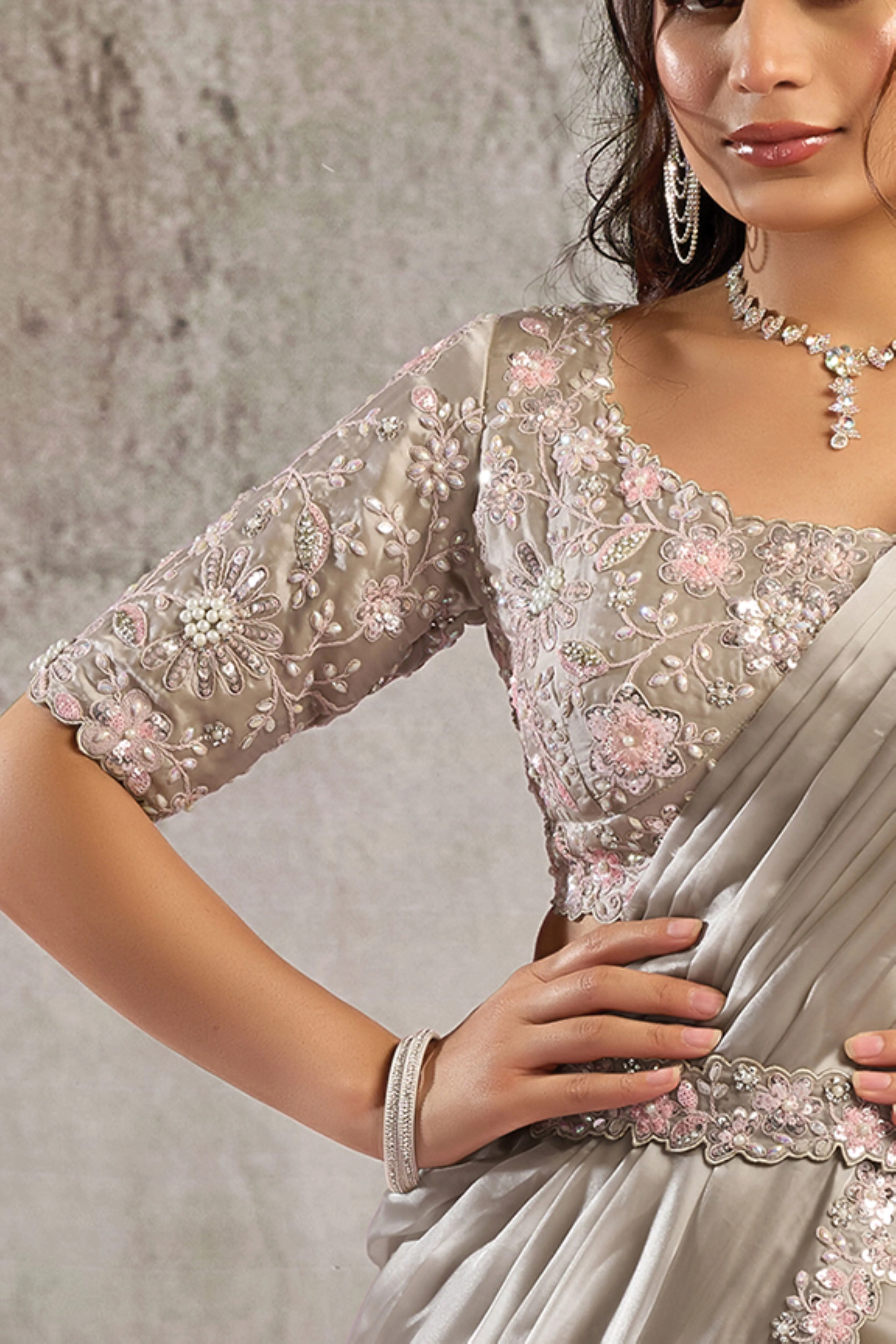 Silver Mist Embellished Satin Silk Draped Saree - Image 3
