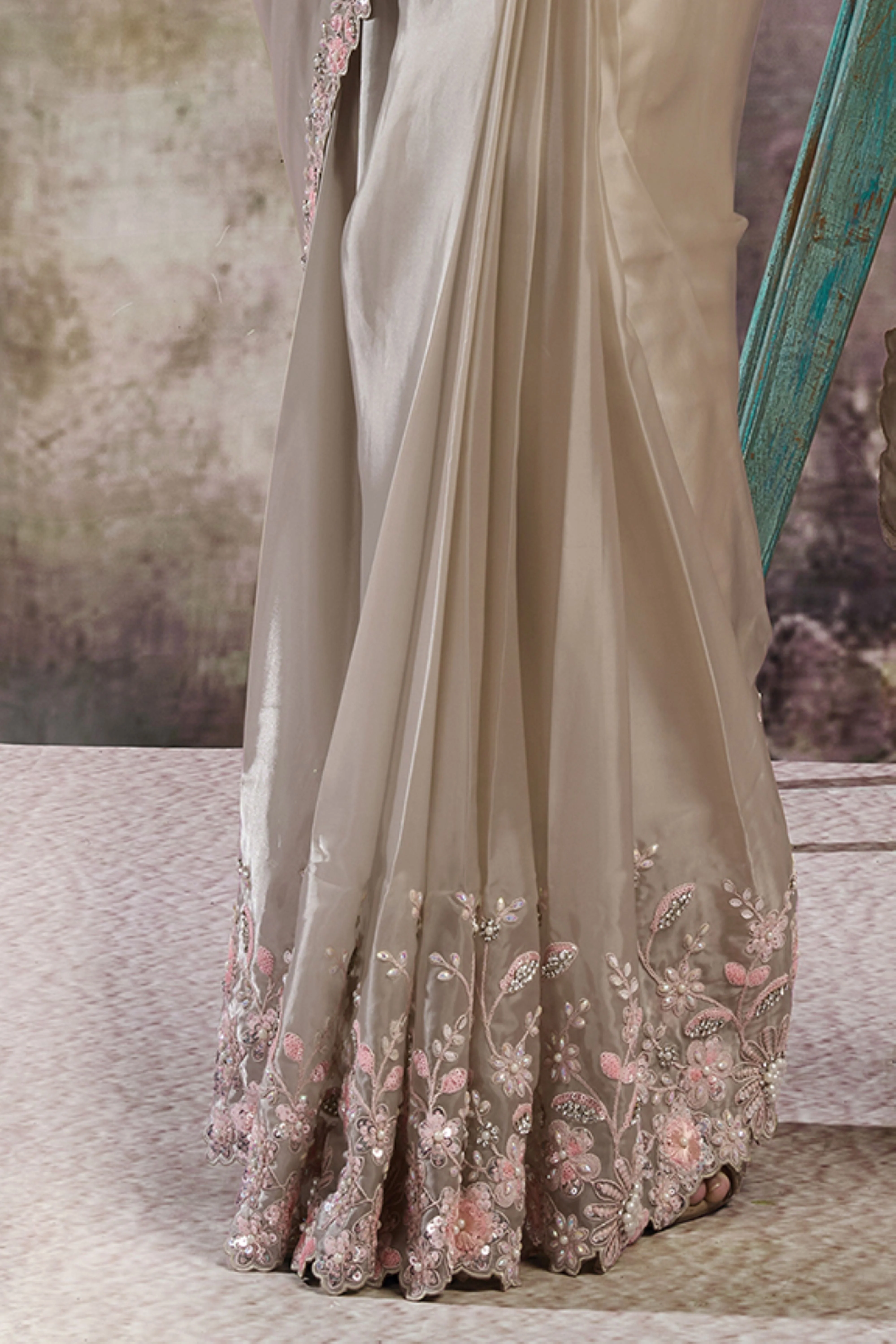 Silver Mist Embellished Satin Silk Draped Saree - Image 5