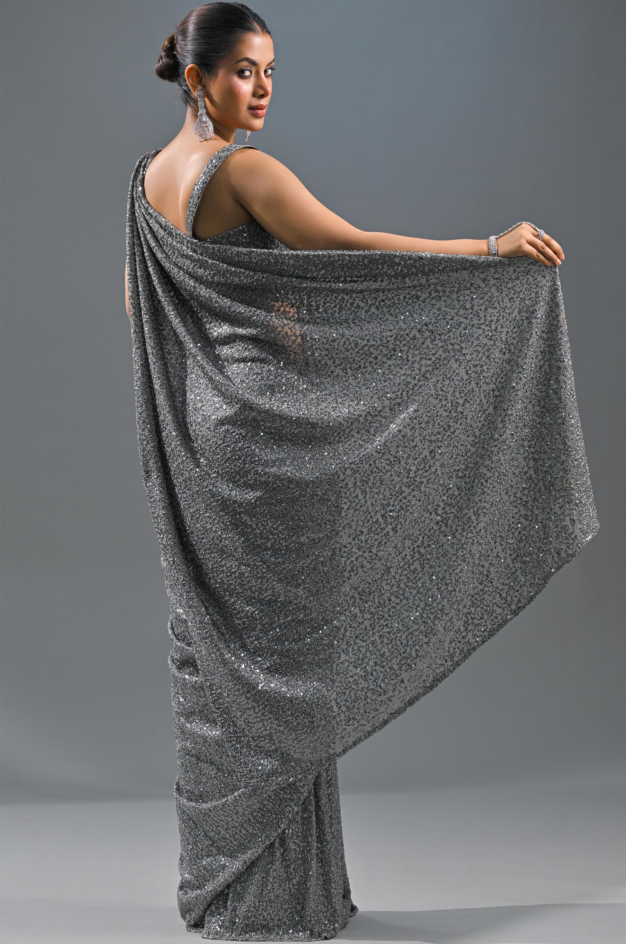 Silver Sequin Embellished Net Saree - Image 4