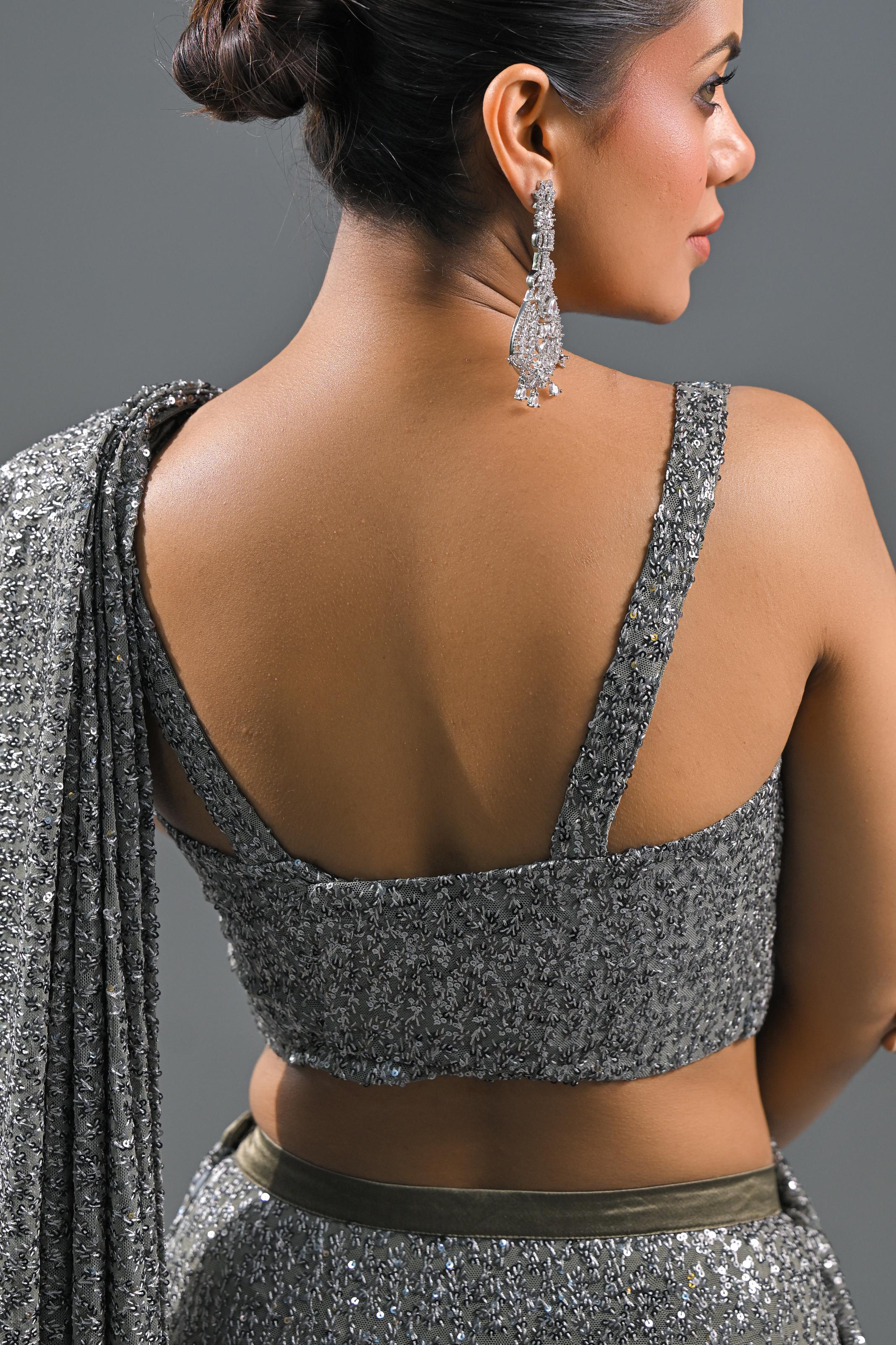 Silver Sequin Embellished Net Saree - Image 7