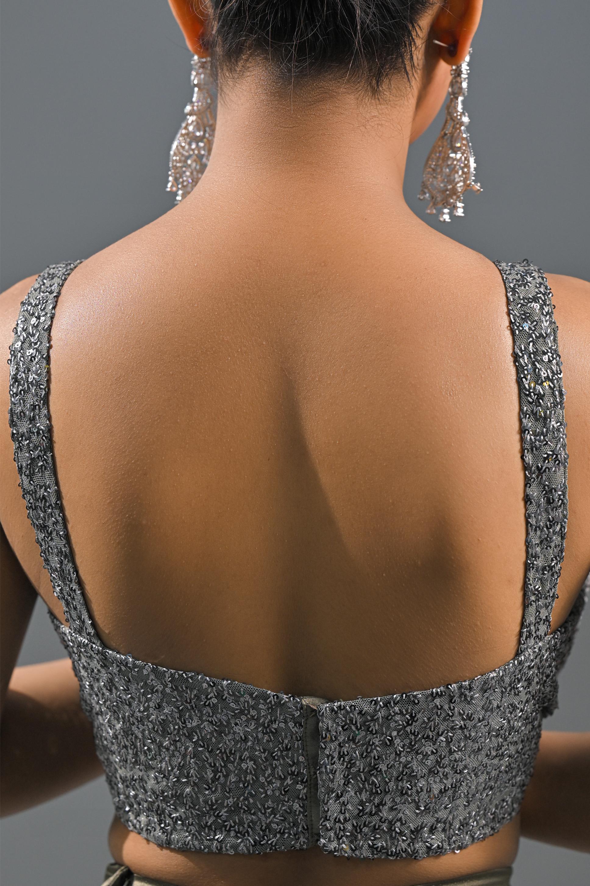 Silver Sequin Embellished Net Saree - Image 9