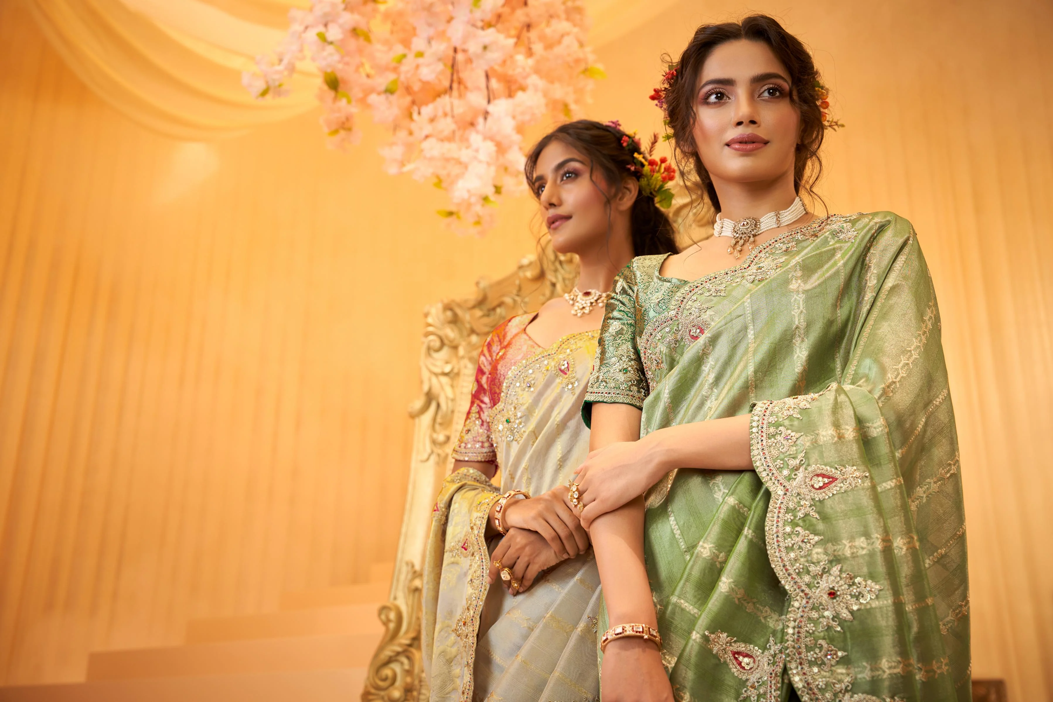 Light Olive Green Embellished Premium Silk Saree - Image 2