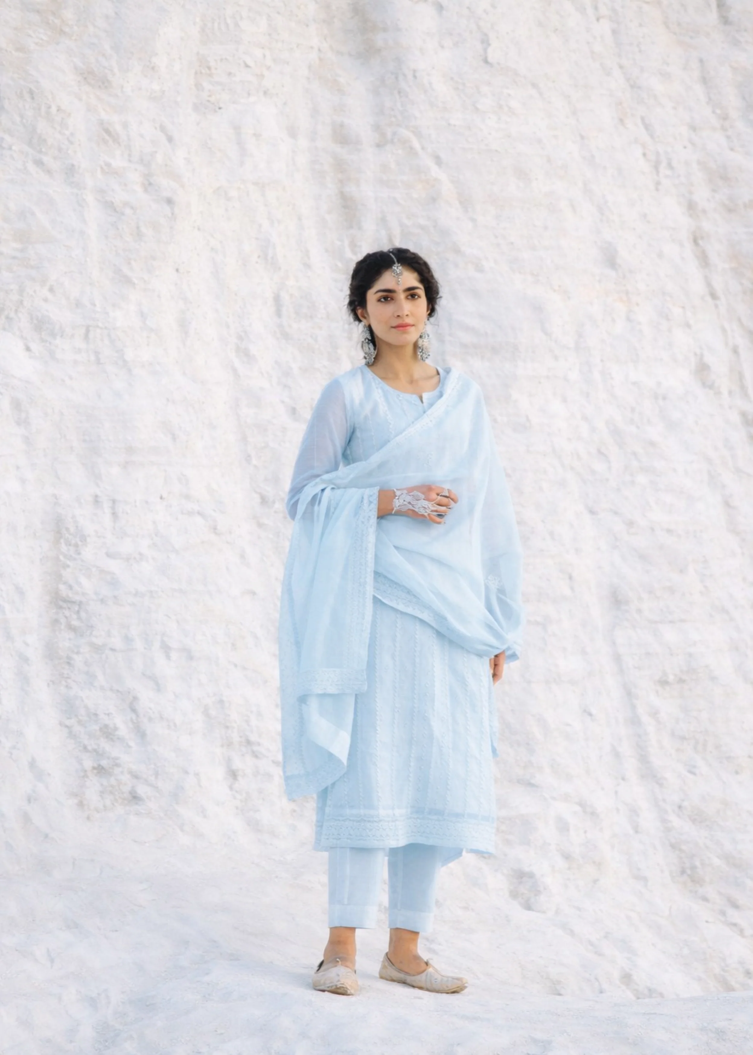 Sky Blue Chikankari Mul-Chanderi Silk Pant Set