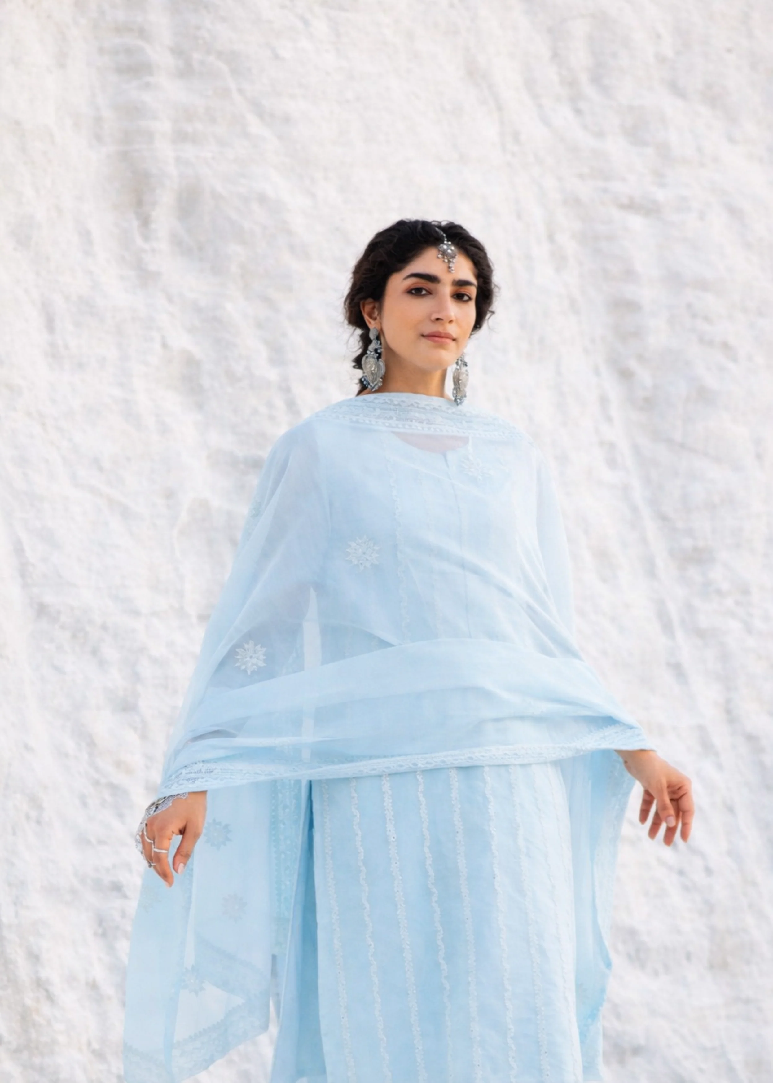 Sky Blue Chikankari Mul-Chanderi Silk Pant Set - Image 2