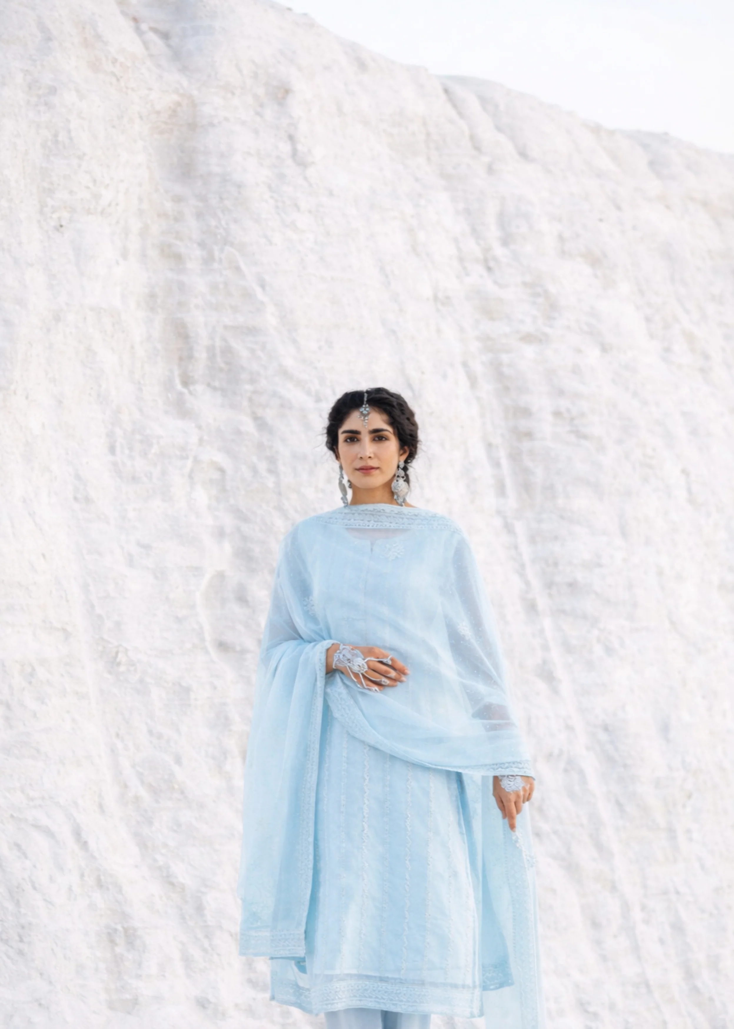 Sky Blue Chikankari Mul-Chanderi Silk Pant Set - Image 3