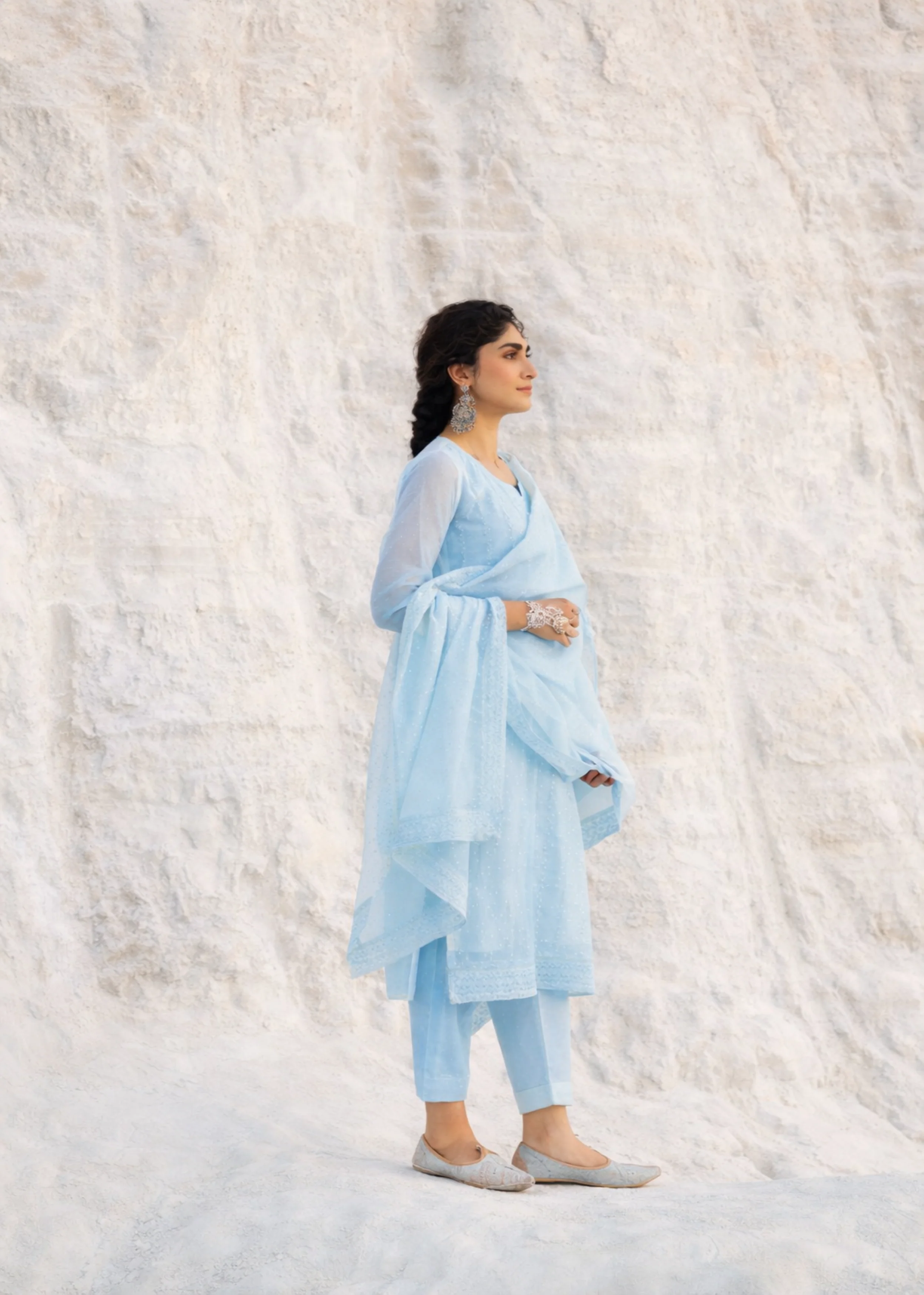 Sky Blue Chikankari Mul-Chanderi Silk Pant Set - Image 4