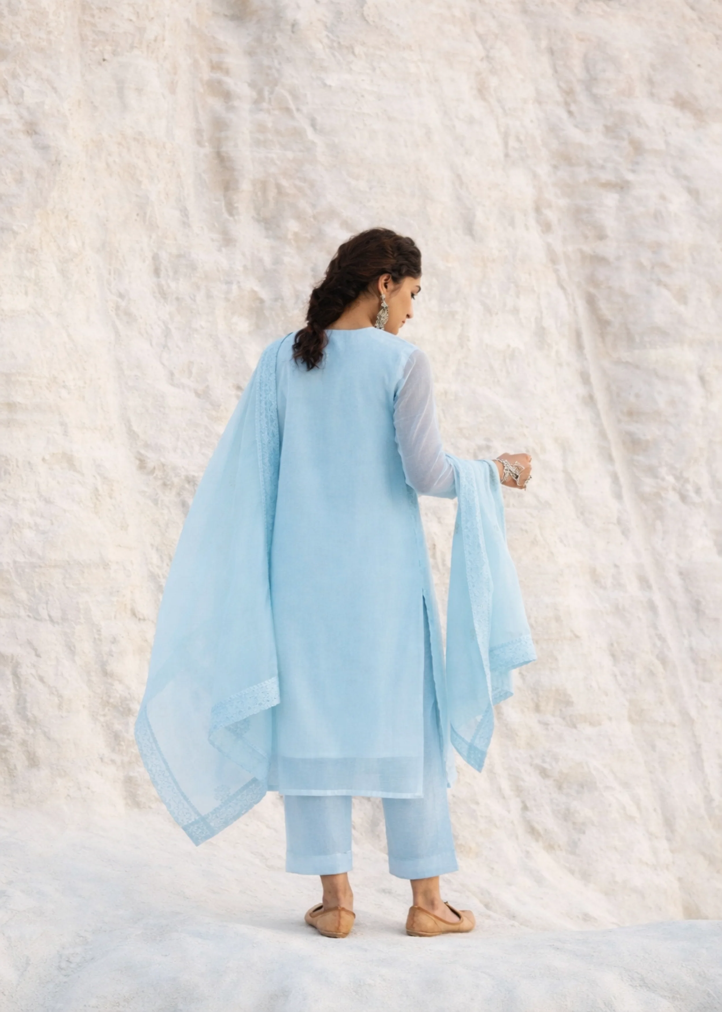 Sky Blue Chikankari Mul-Chanderi Silk Pant Set - Image 5