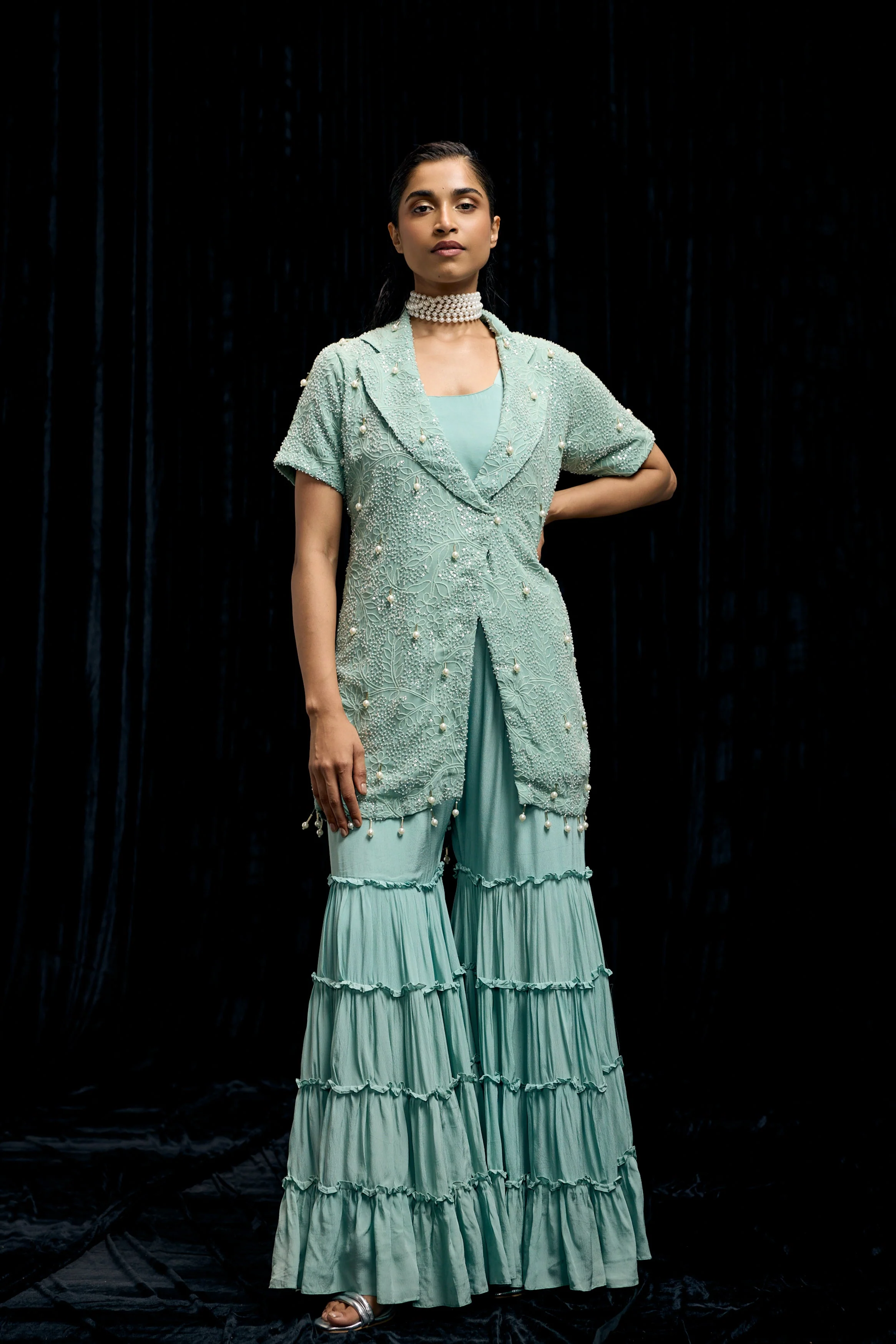 Sky Blue Embellished Chinon Silk Sharara Set - Image 2