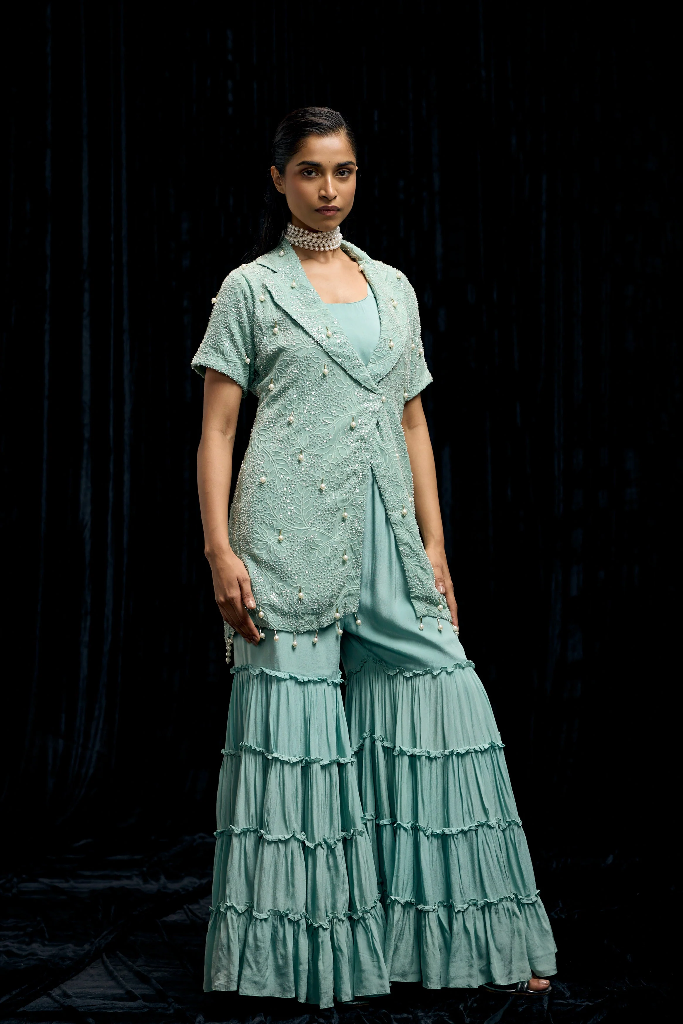 Sky Blue Embellished Chinon Silk Sharara Set - Image 3