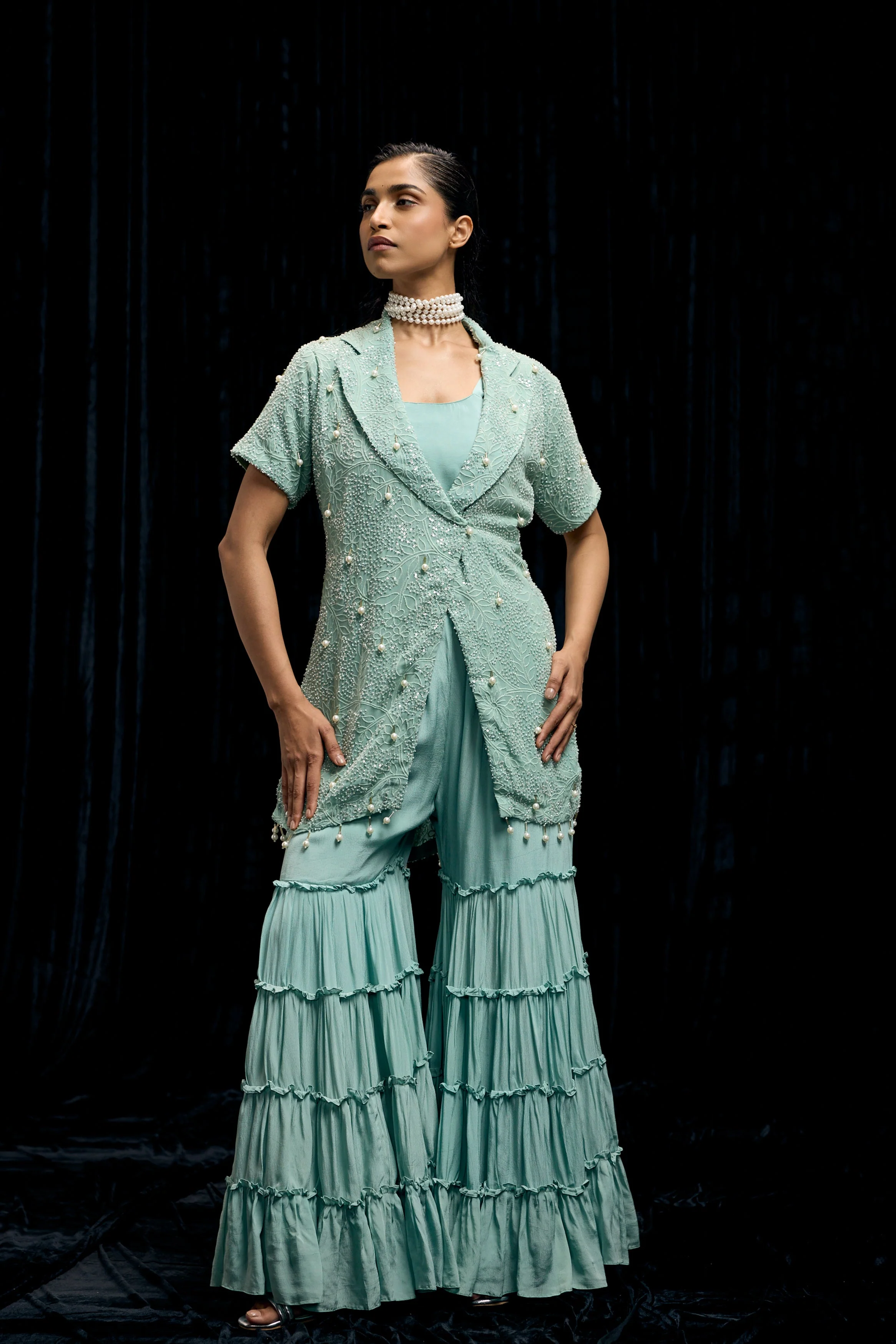 Sky Blue Embellished Chinon Silk Sharara Set - Image 4