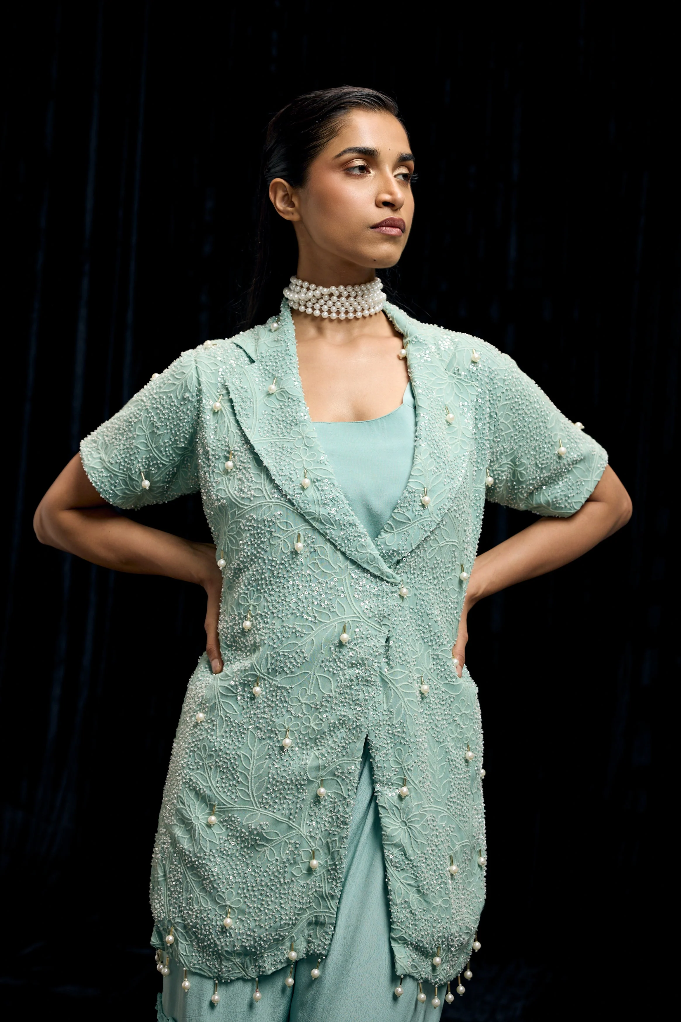 Sky Blue Embellished Chinon Silk Sharara Set - Image 5