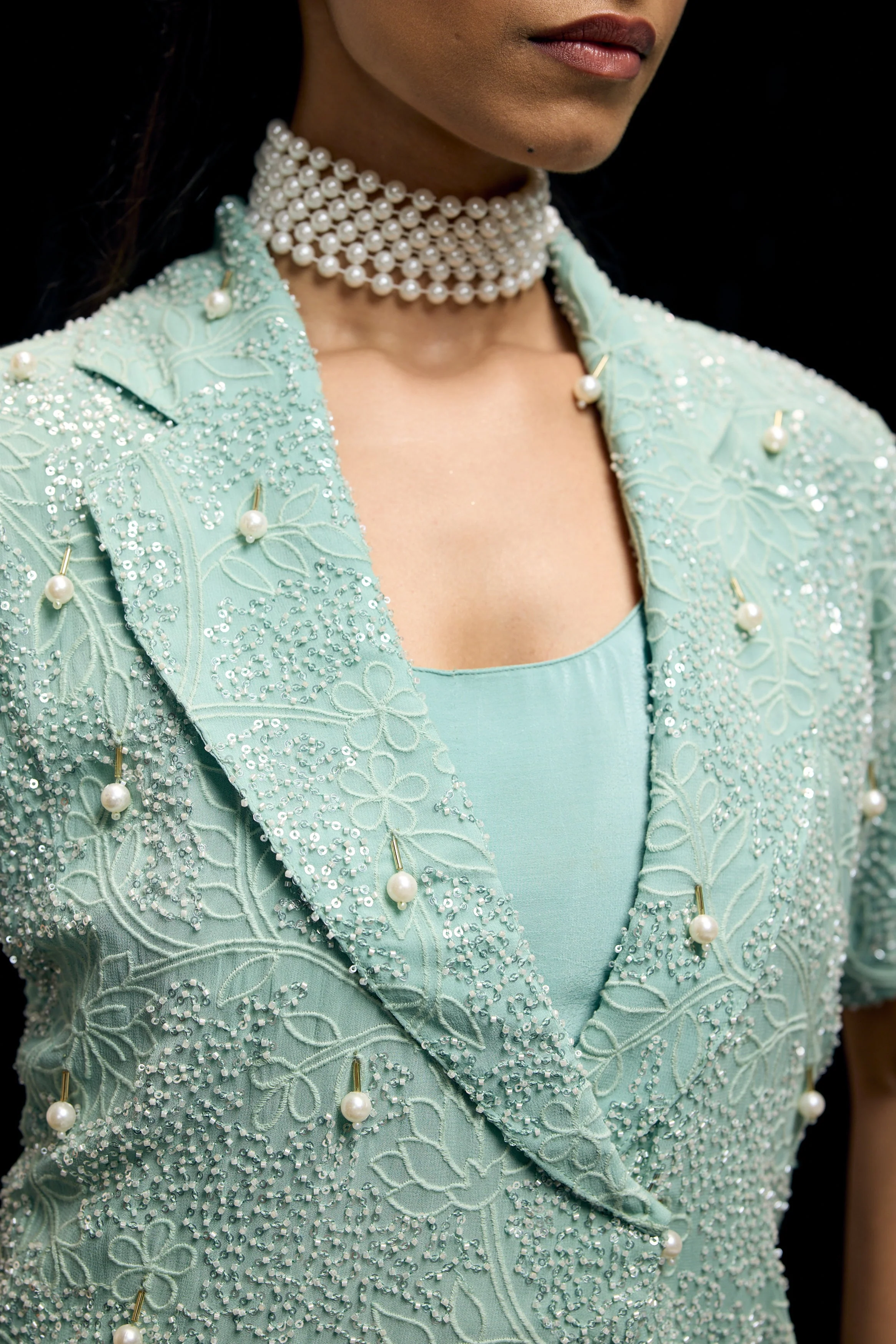 Sky Blue Embellished Chinon Silk Sharara Set - Image 6