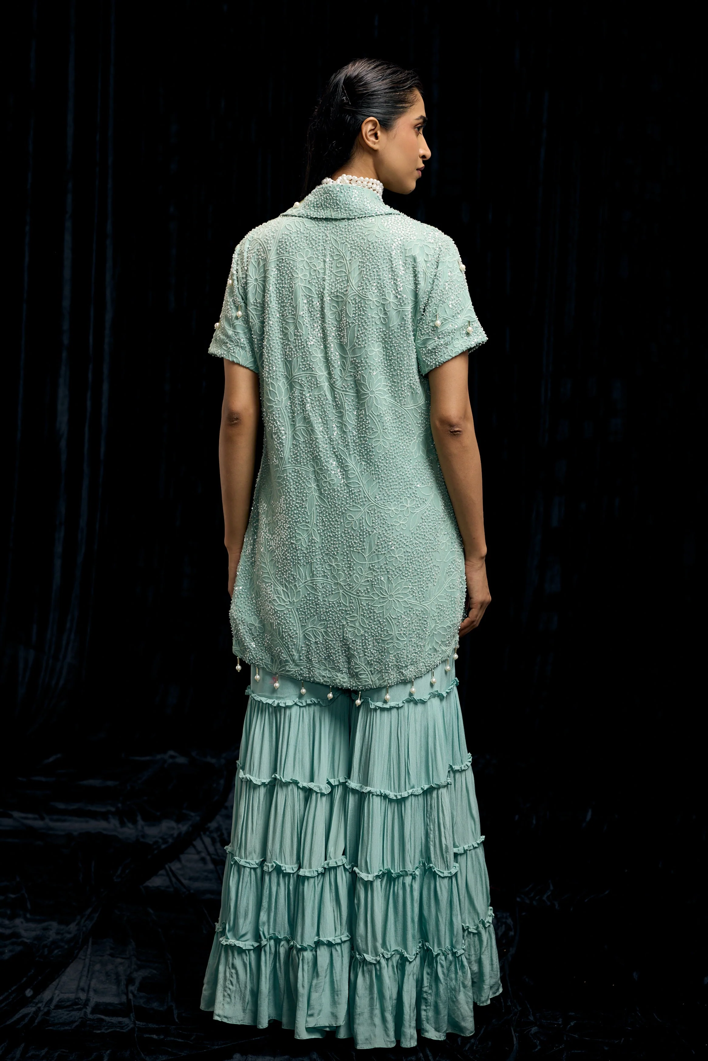 Sky Blue Embellished Chinon Silk Sharara Set - Image 7