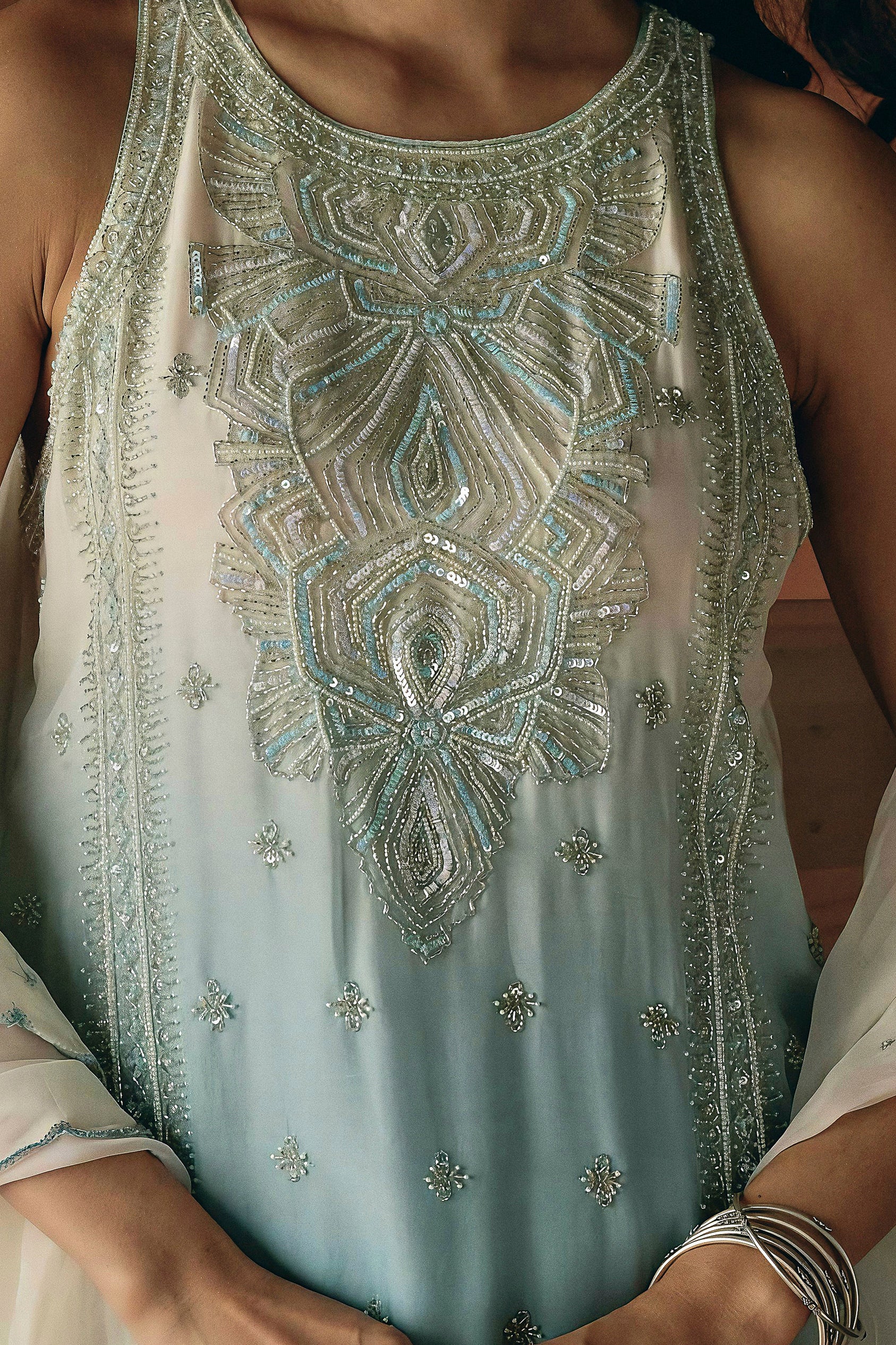 Sky Blue Embellished Soft Organza Palazzo Set - Image 2