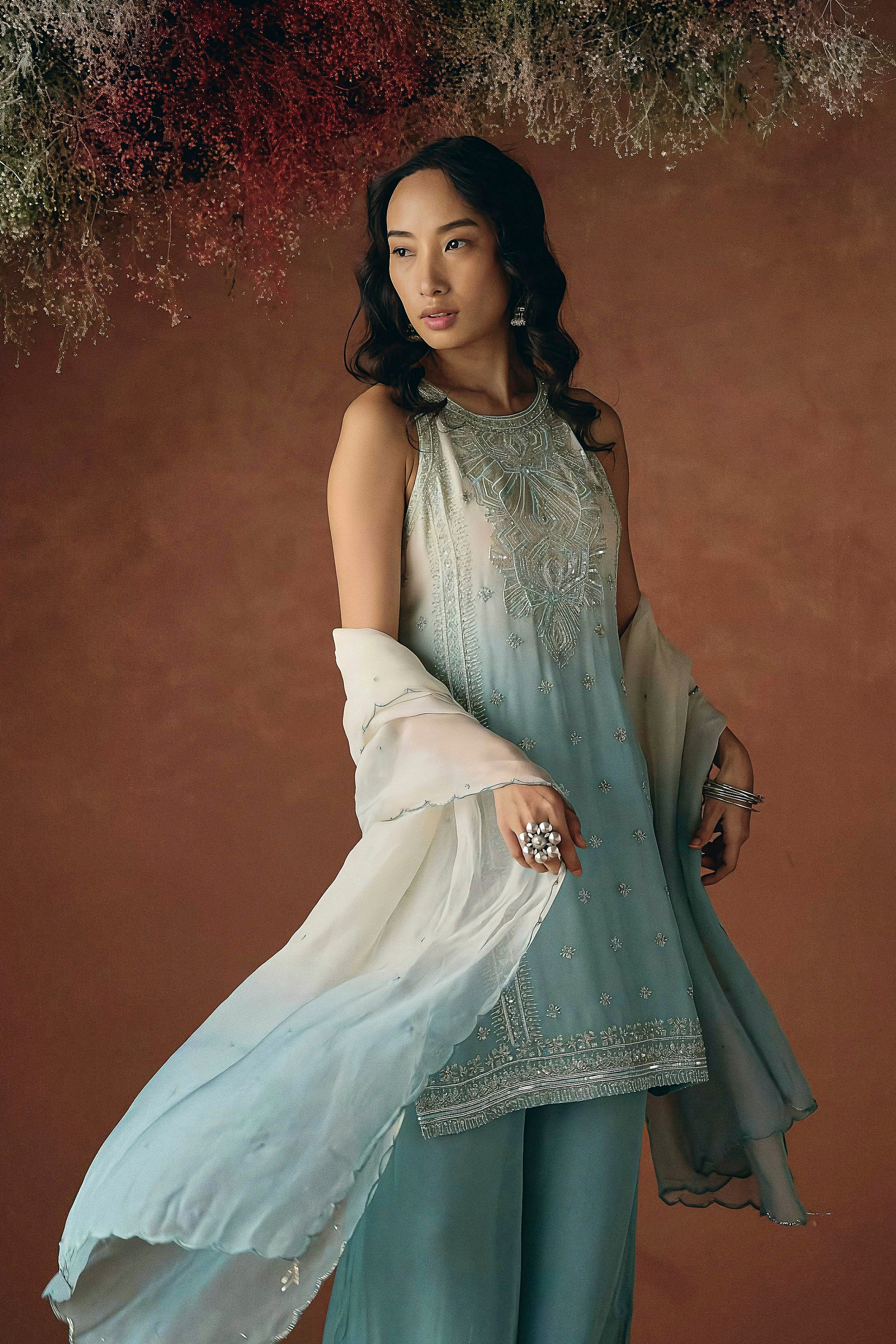 Sky Blue Embellished Soft Organza Palazzo Set - Image 4