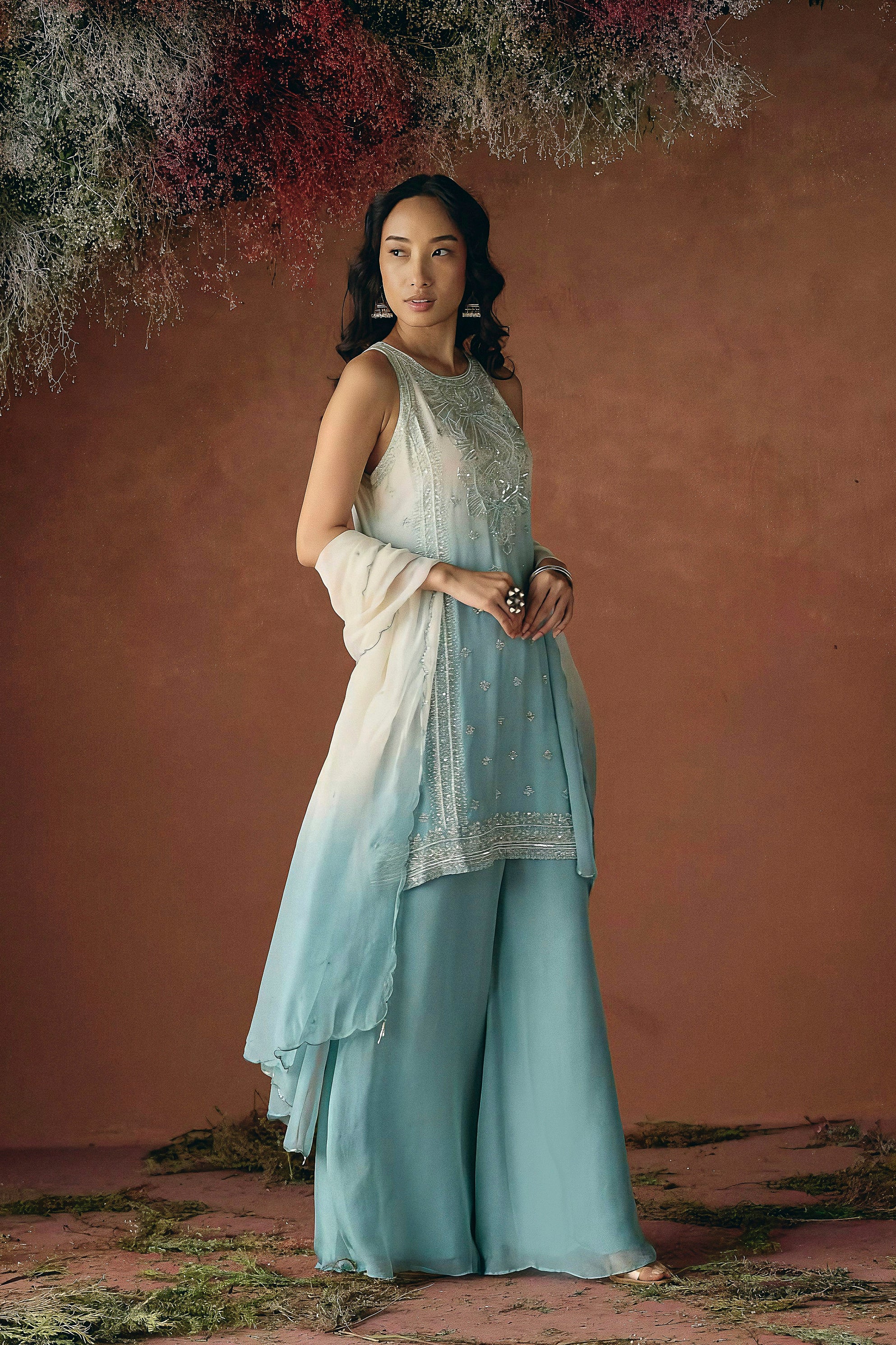 Sky Blue Embellished Soft Organza Palazzo Set - Image 5