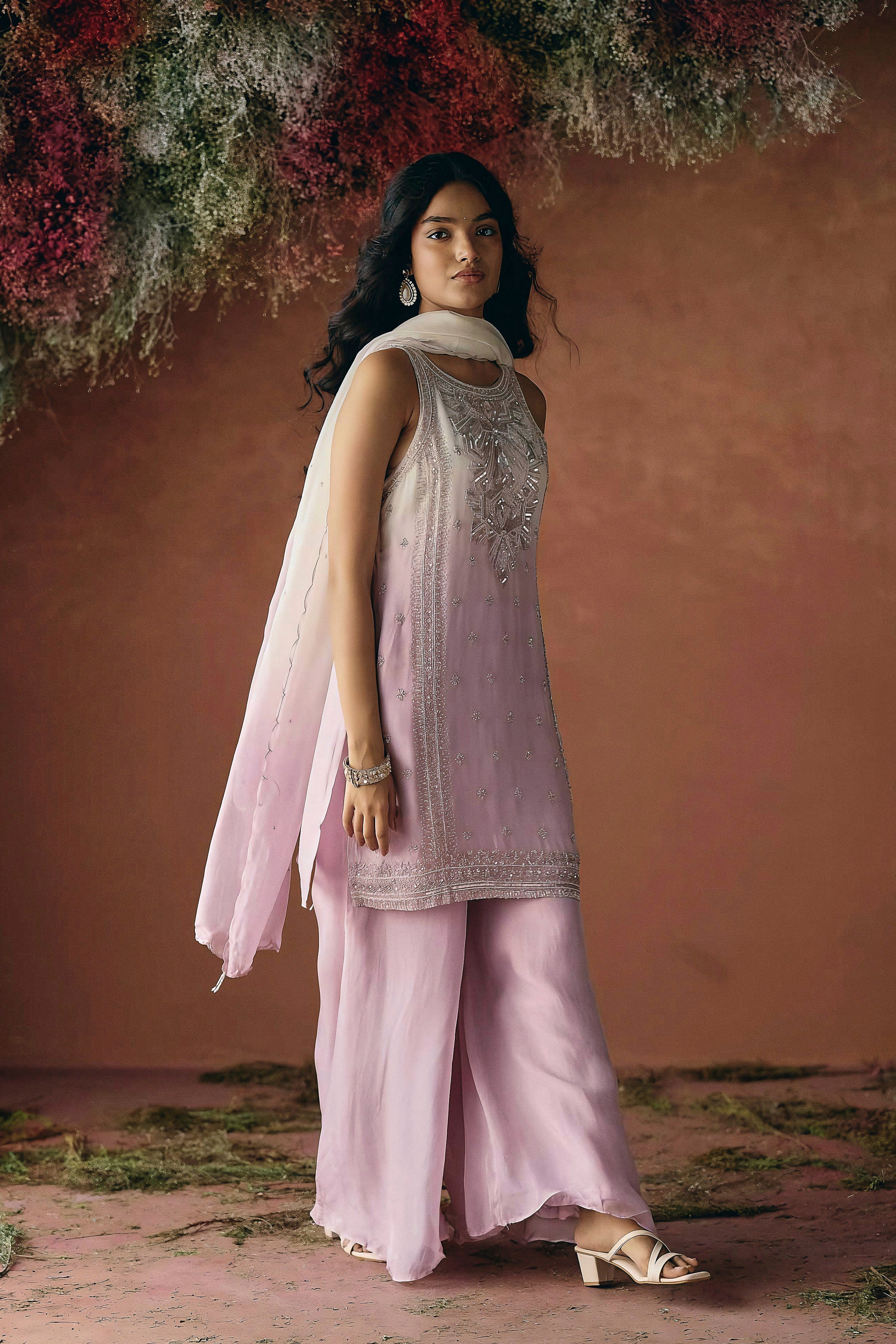 Lilac Pink Embellished Soft Organza Palazzo Set - Image 4