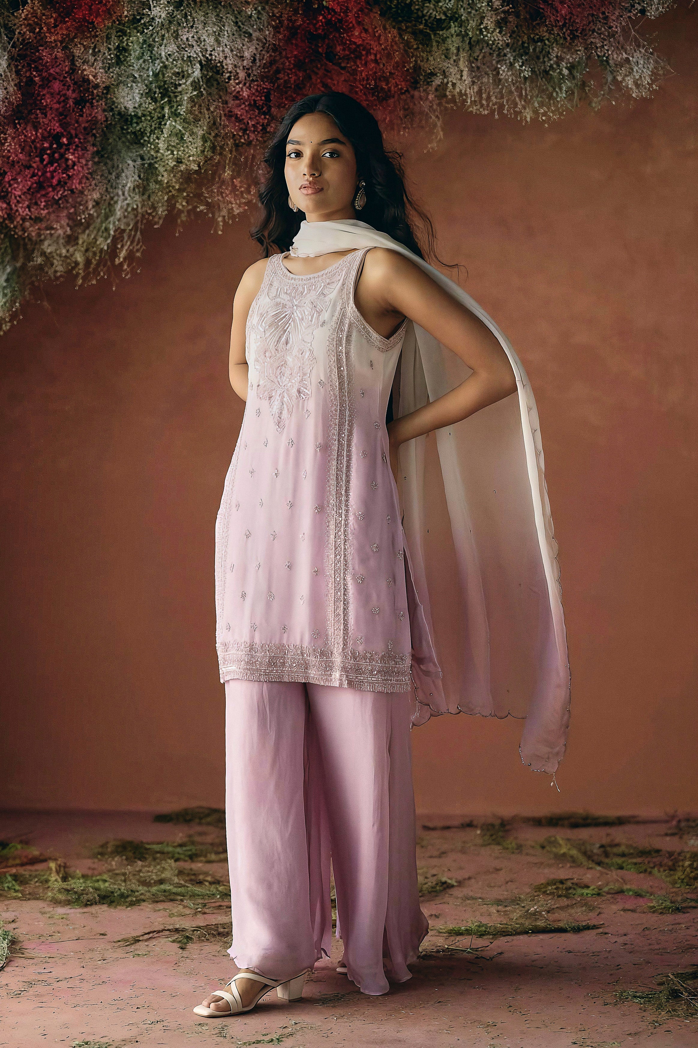 Lilac Pink Embellished Soft Organza Palazzo Set - Image 5