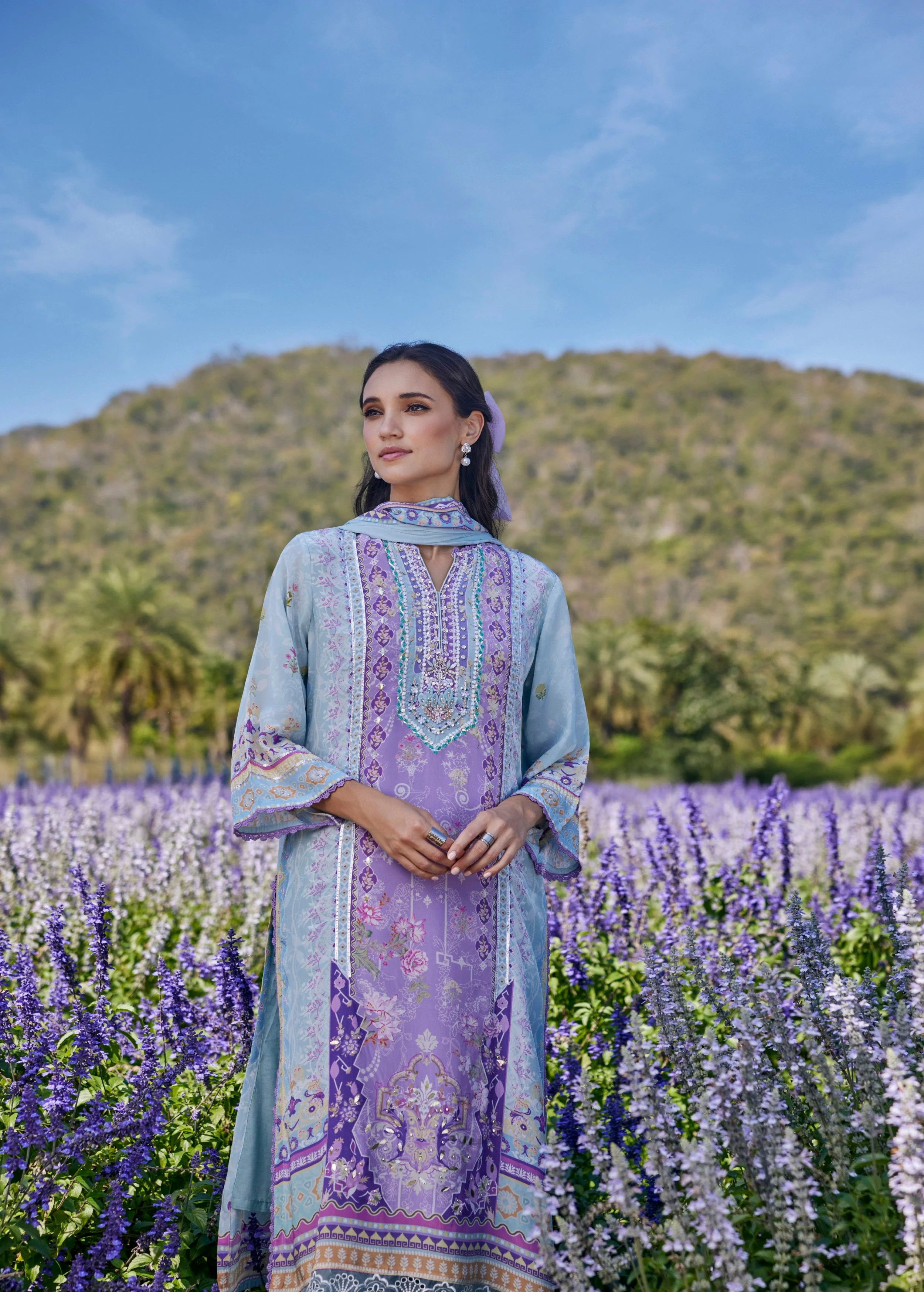 Sky Lilac Mist Embroidered Crepe Silk Pant Set - Image 2