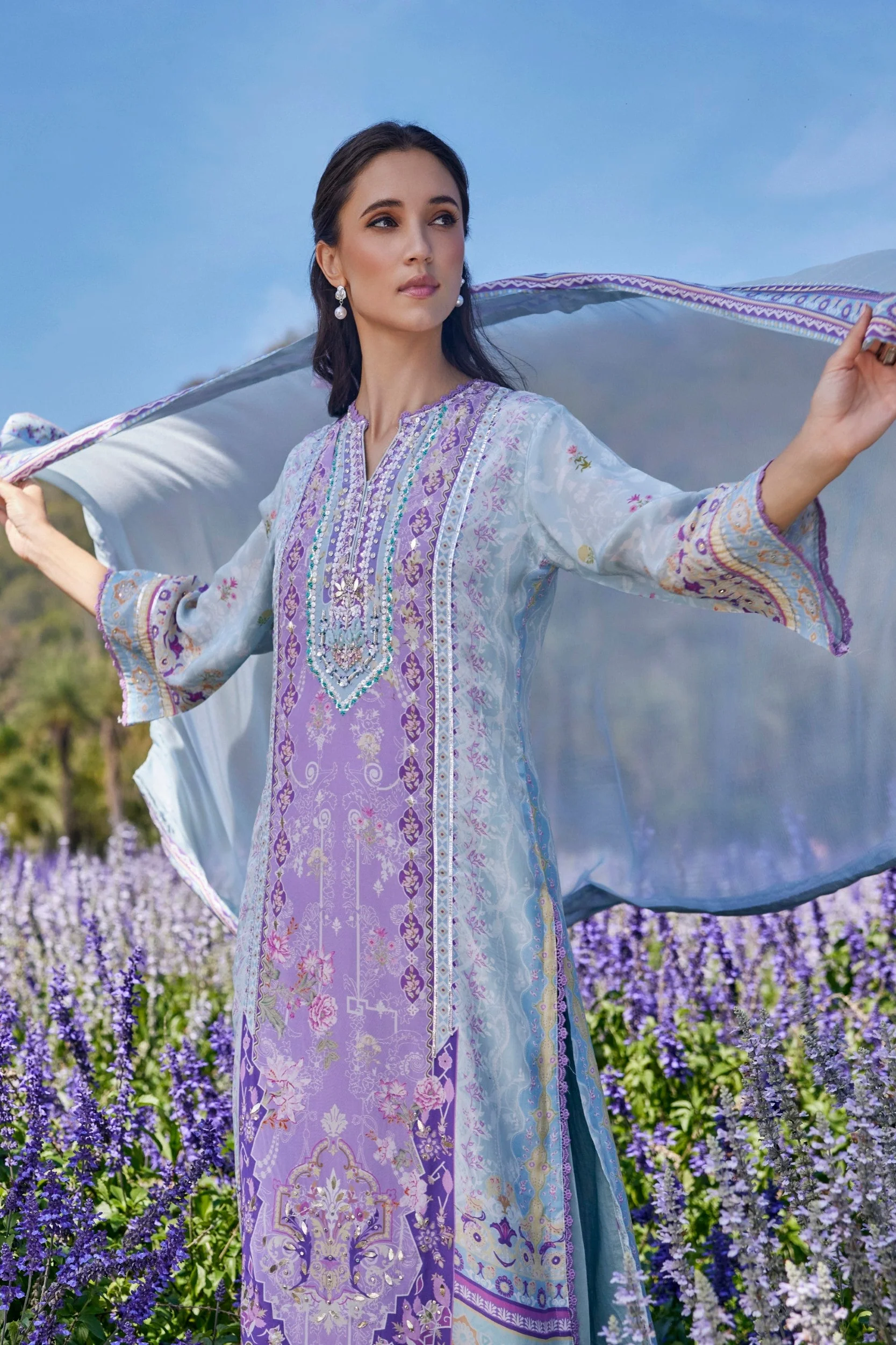 Sky Lilac Mist Embroidered Crepe Silk Pant Set - Image 3