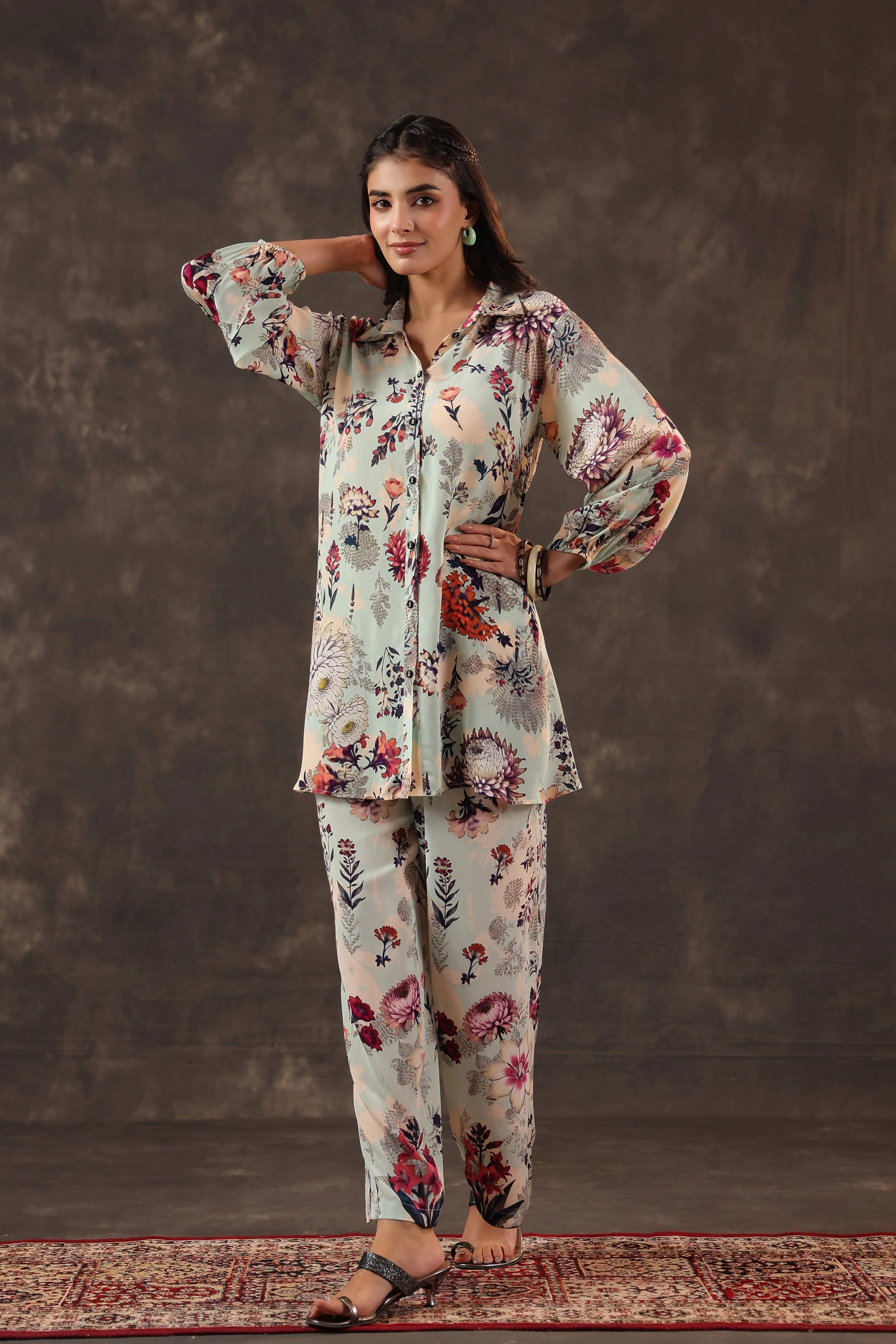 Sky Blue Printed Crepe Silk Co-Ord Set - Image 3