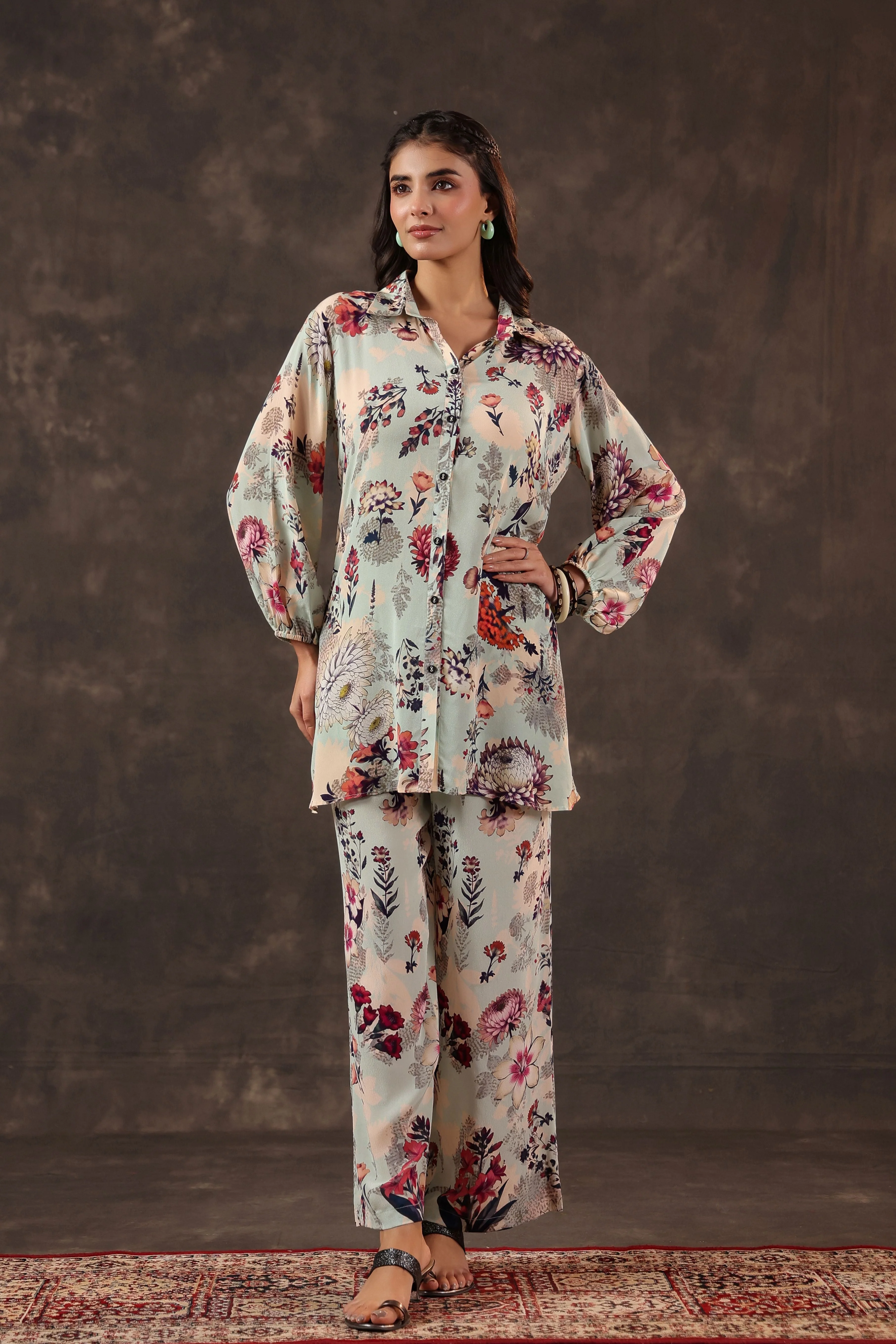 Sky Blue Printed Crepe Silk Co-Ord Set - Image 4